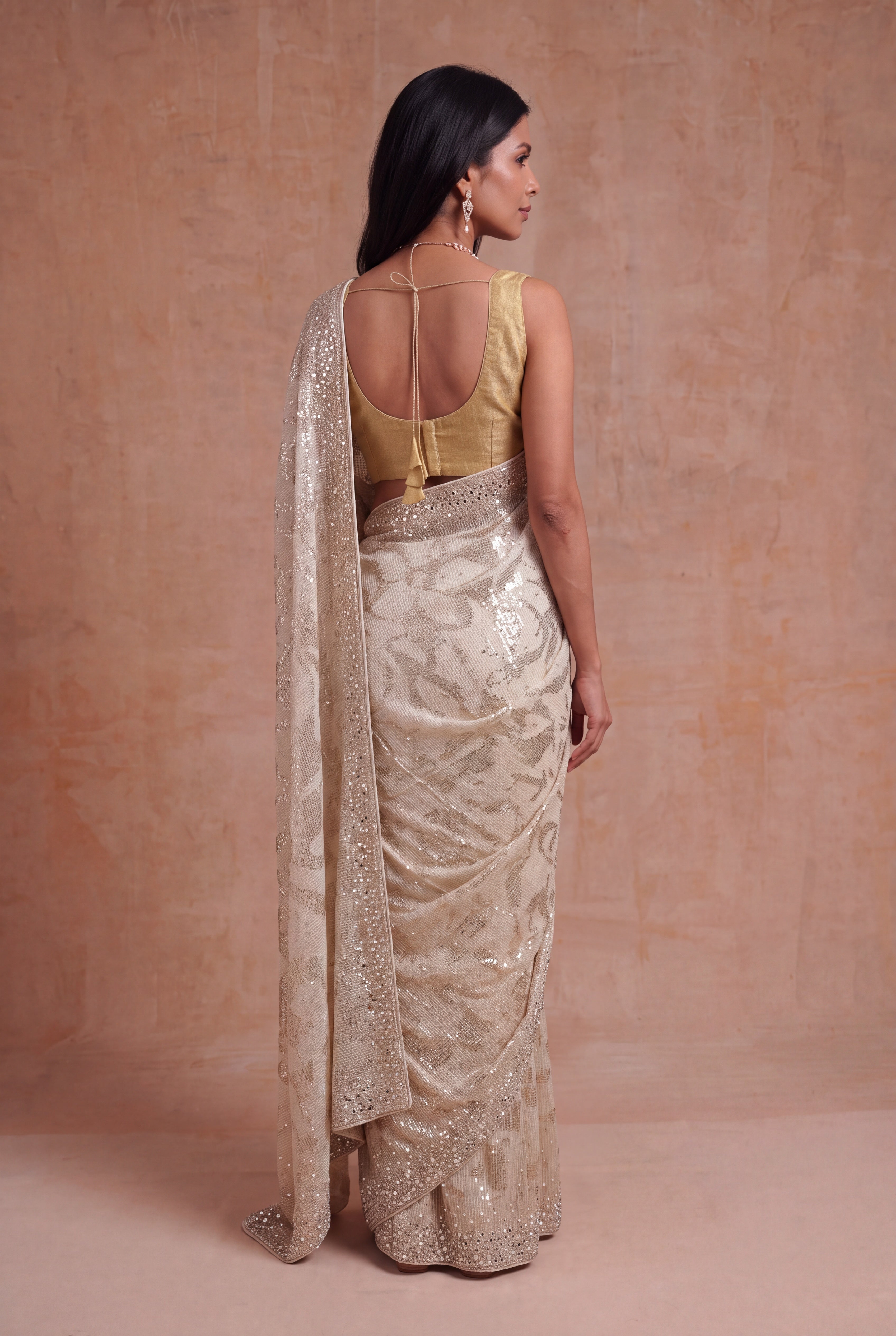 Gold Georgette Saree with Sequin & Mirror Work