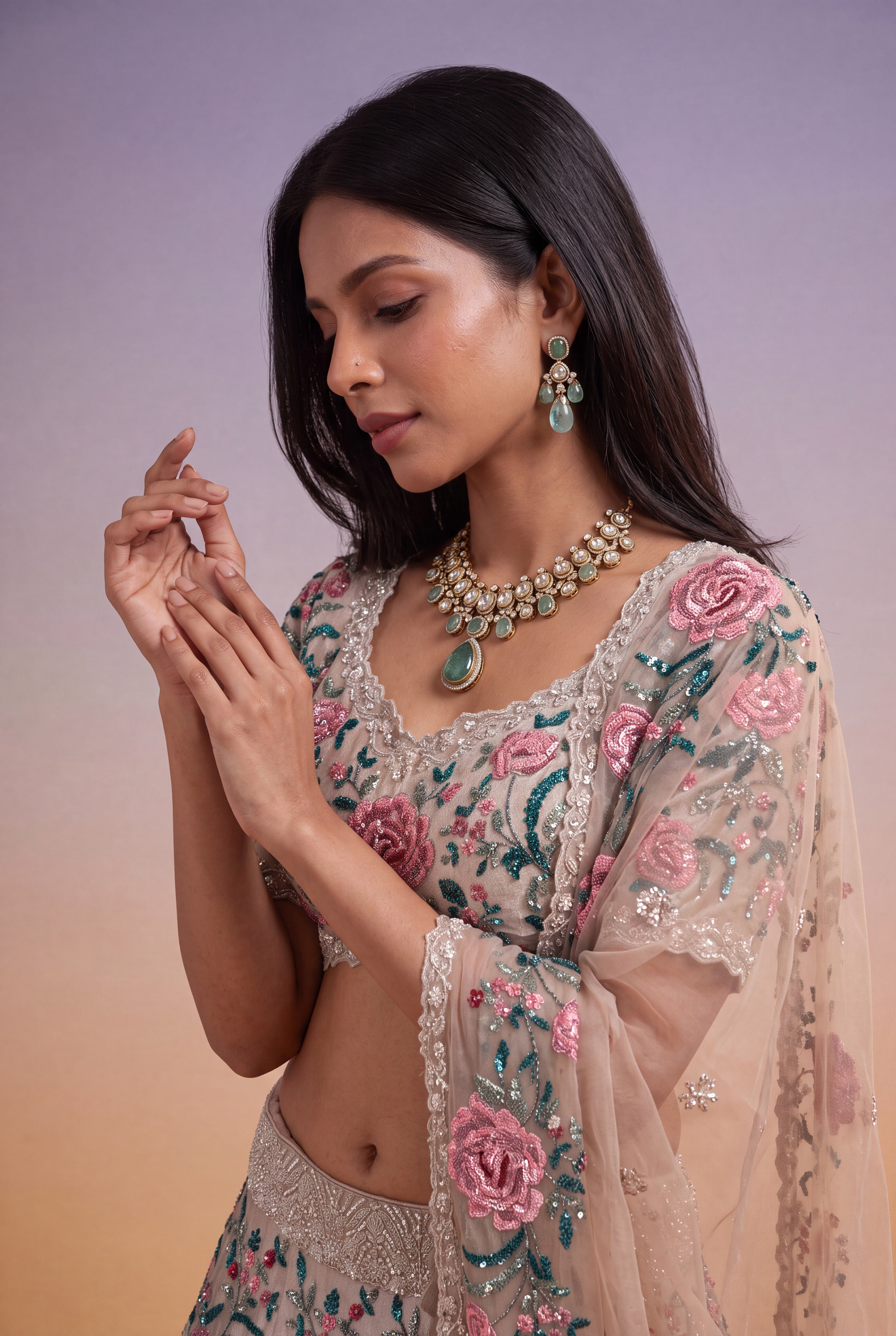 Multicolour Floral Embroidered Tissue Lehenga