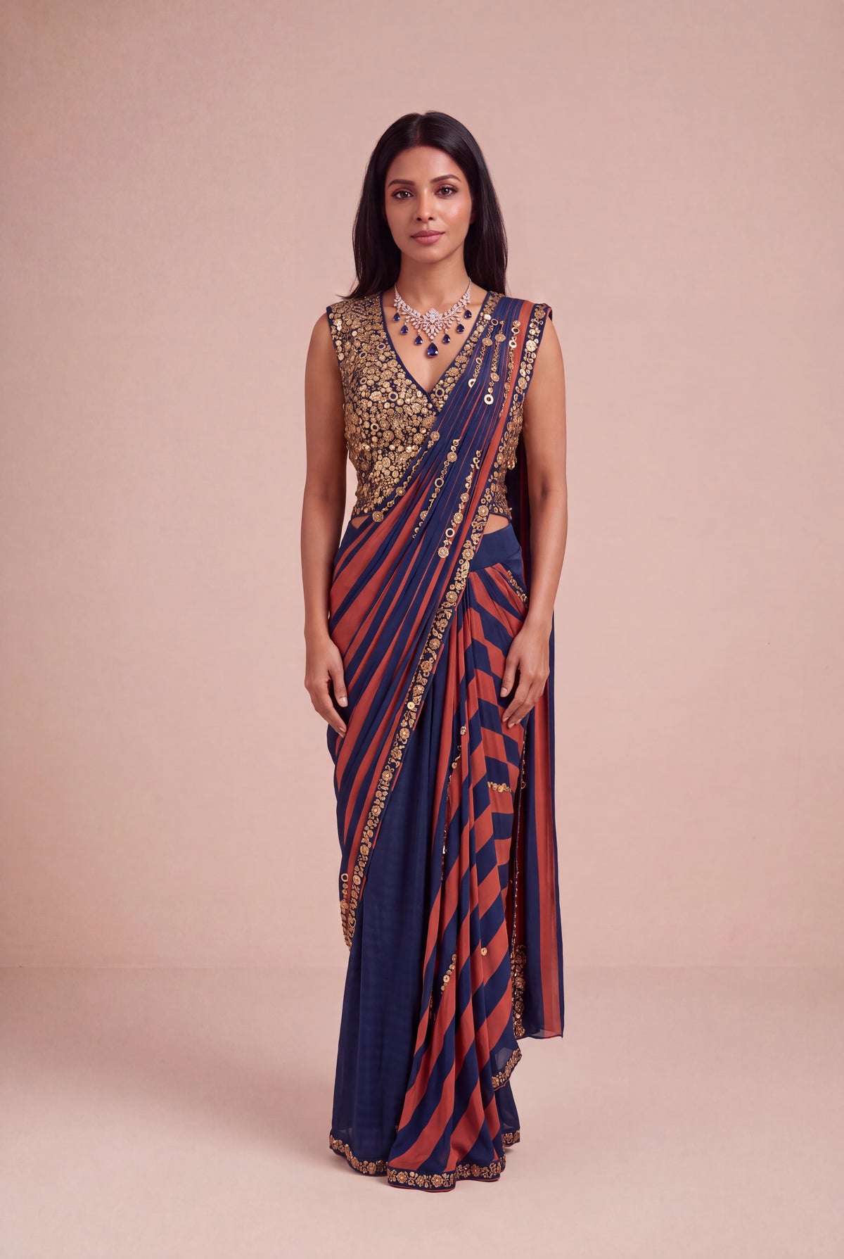 Navy Blue & Rust Satin Silk Pre-Draped Saree
