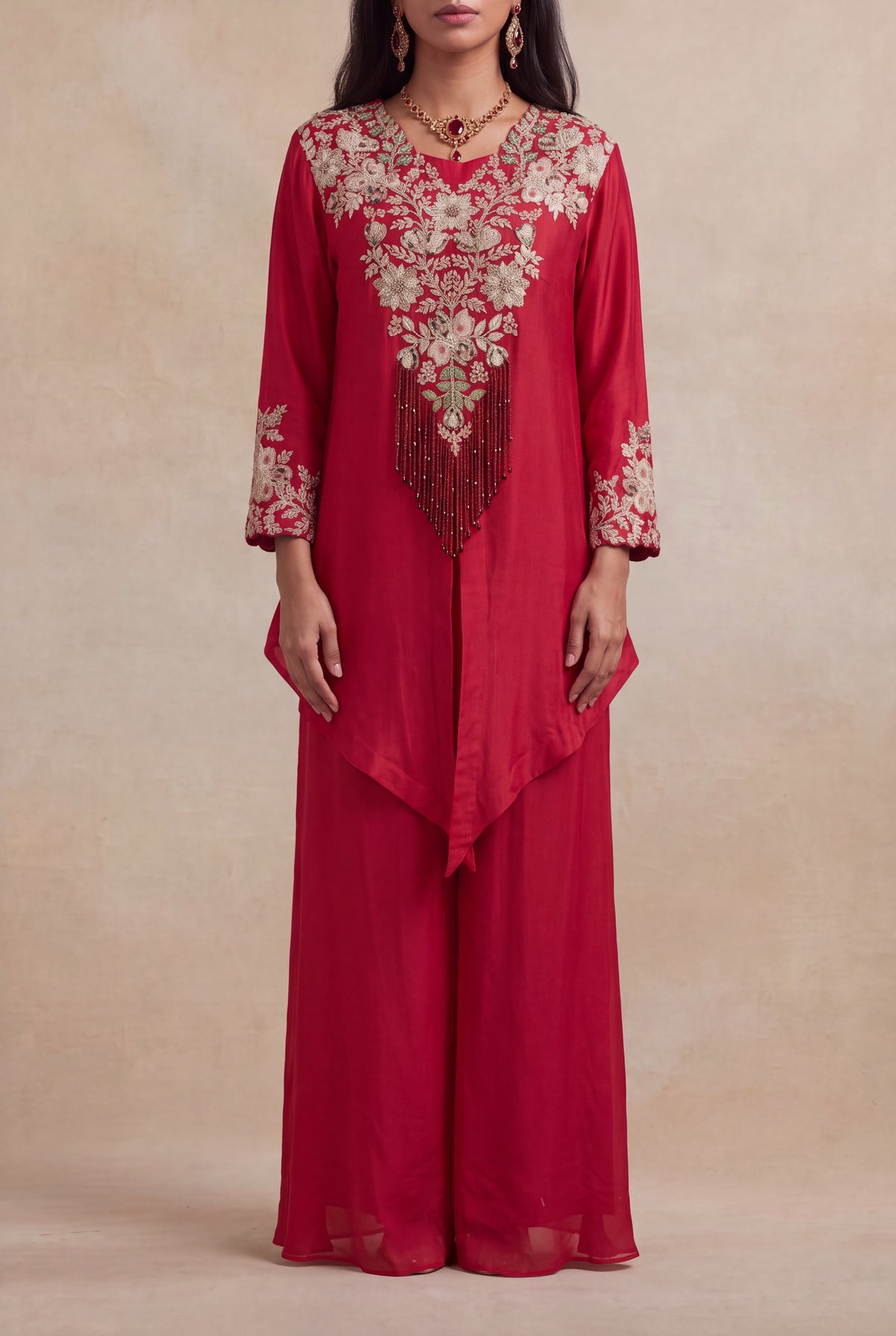 Red Raw Silk Zardosi Indo-Western Palazzo Set