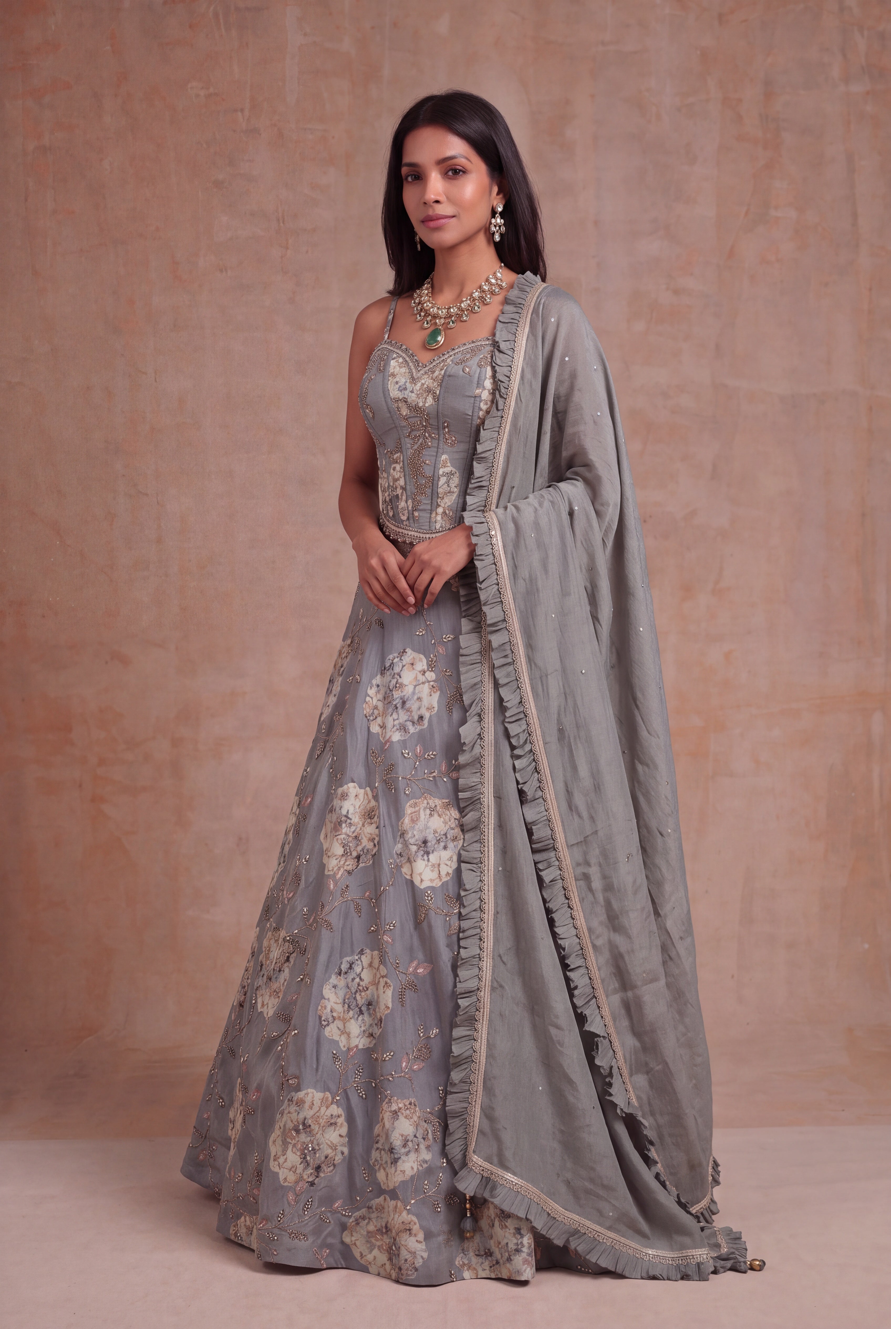 Grey Tissue Silk Floral Lehenga with Zari Work