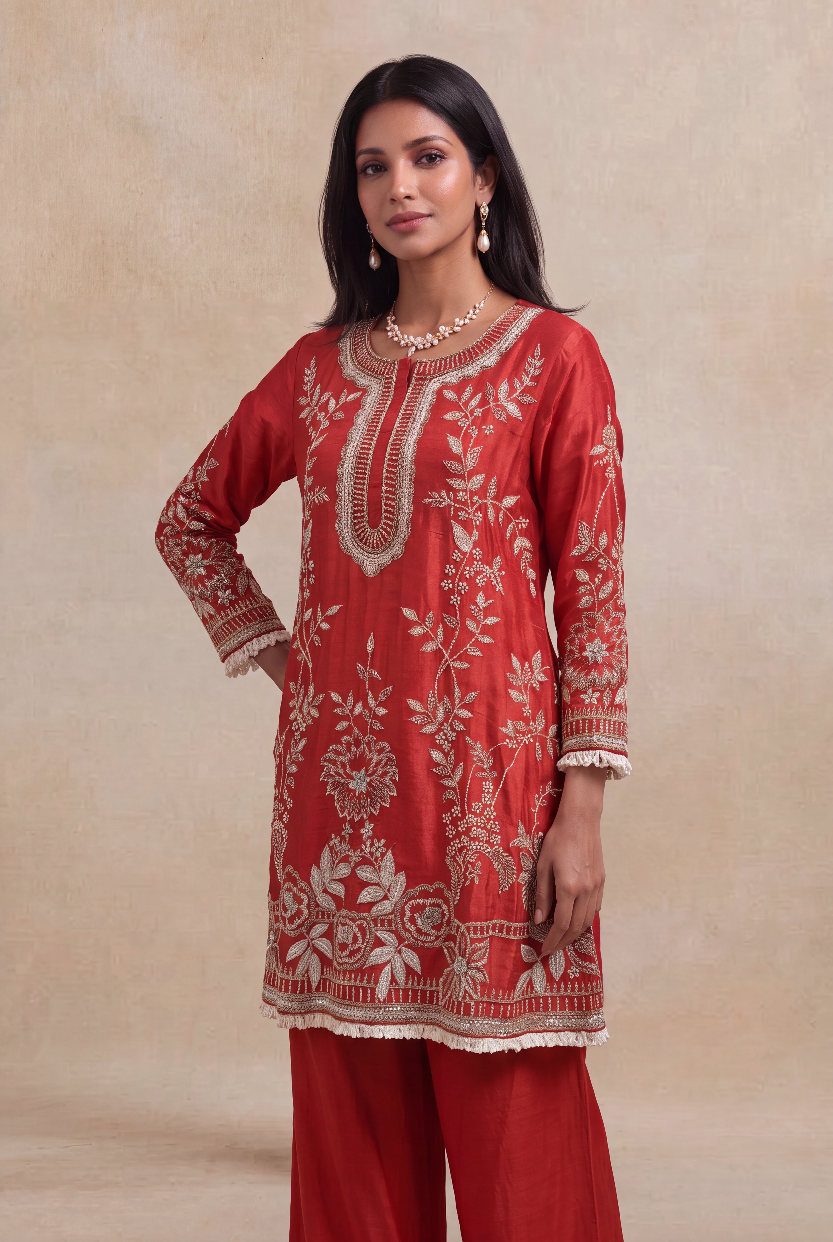 Rust Red Raw Silk Indo-Western Co-Ord Set