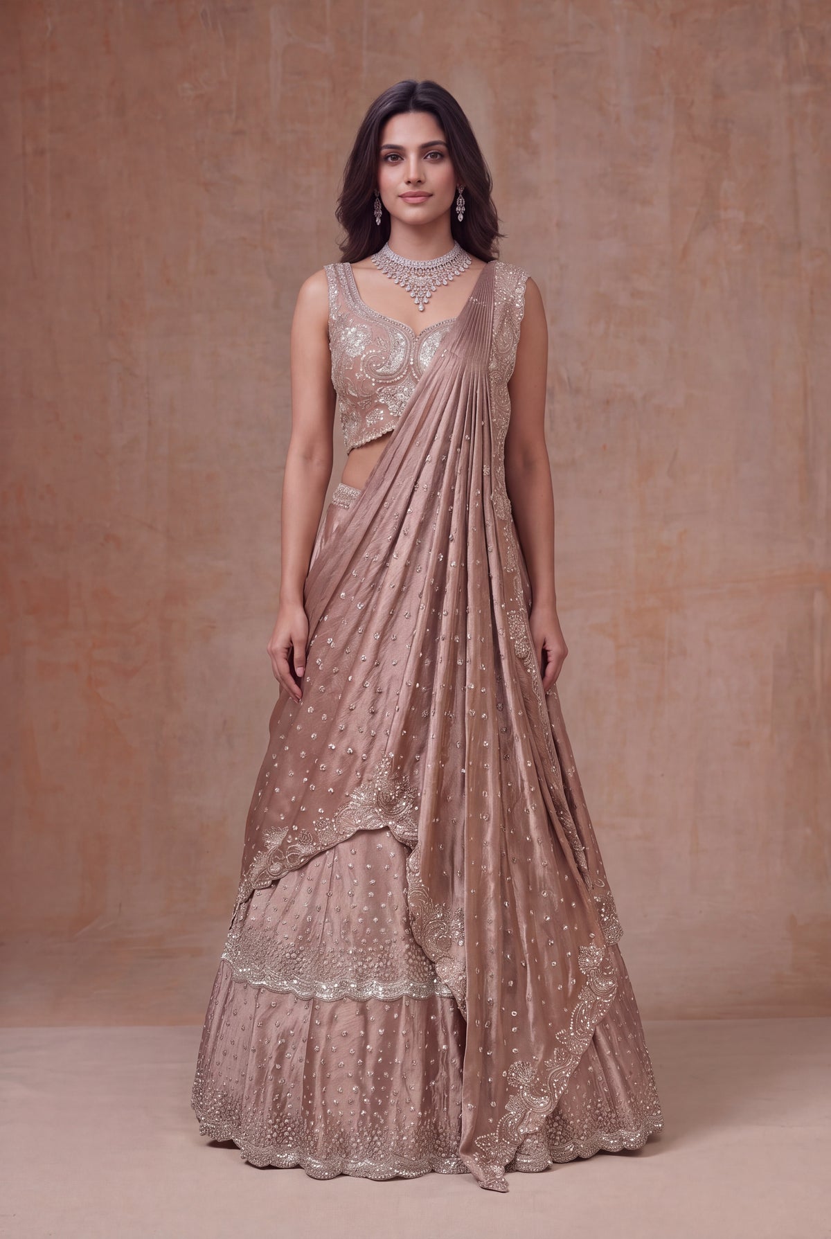 Rose Taupe Satin Silk Draped Lehenga with Sequin Work