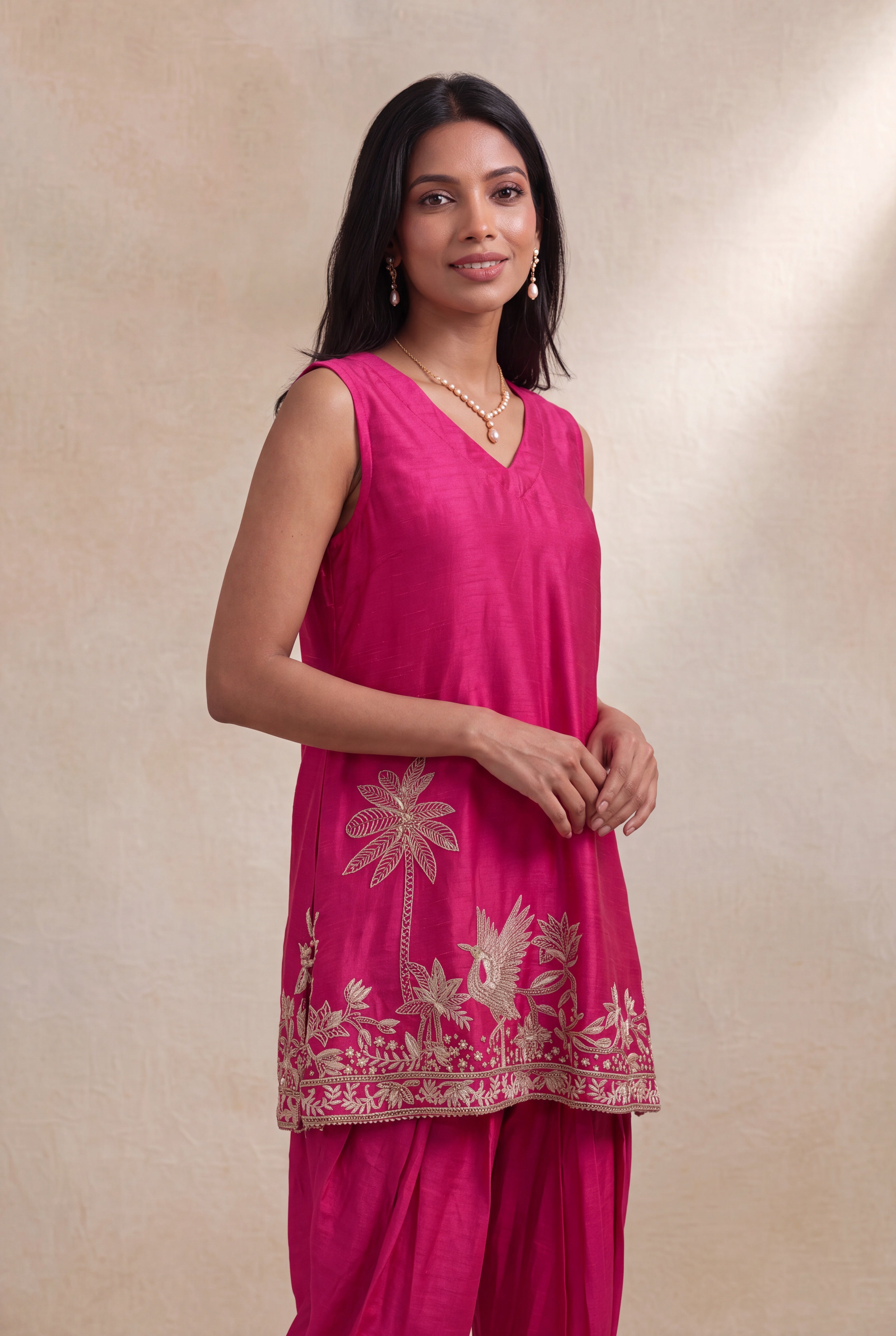 Rani Pink Raw Silk Indo-Western Dhoti Set