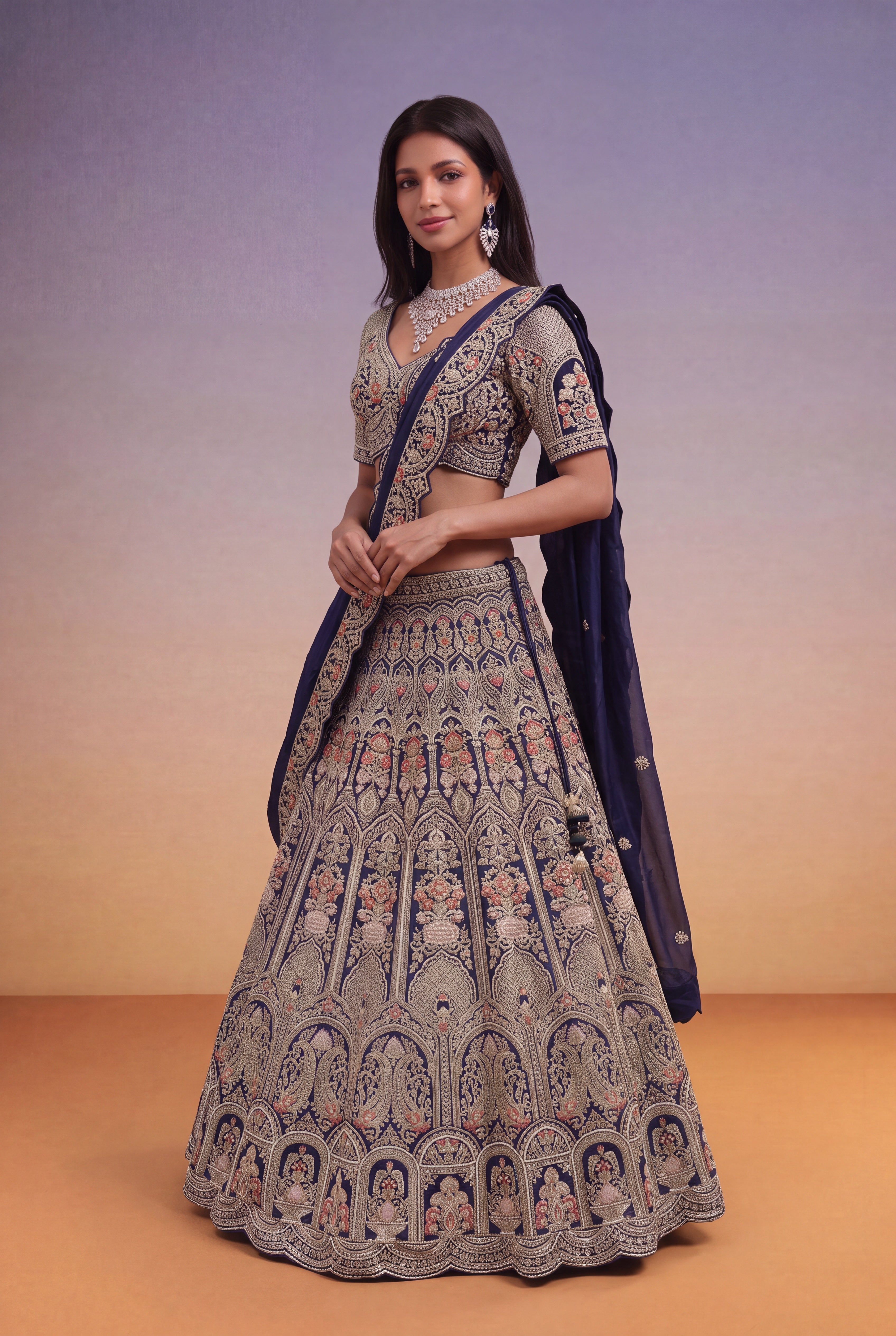 Navy Blue Raw Silk Bridal Lehenga