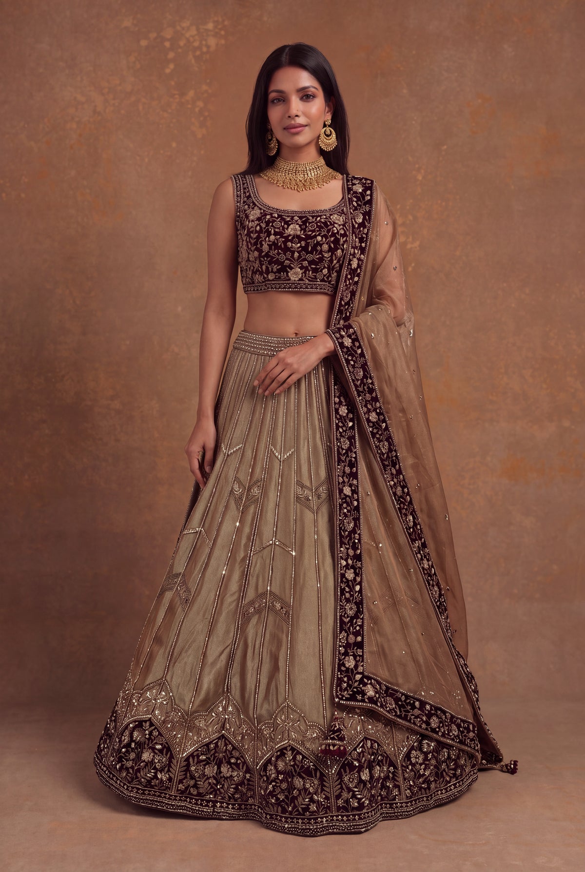 Tissue Lehenga with Maroon Velvet Blouse