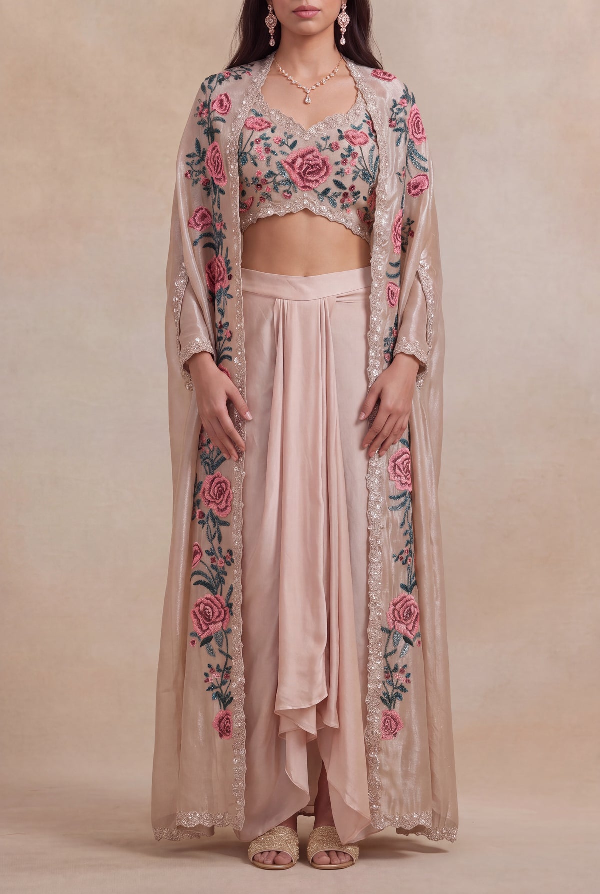 Blush Satin Floral Embroidered Indo-Western Cape Set