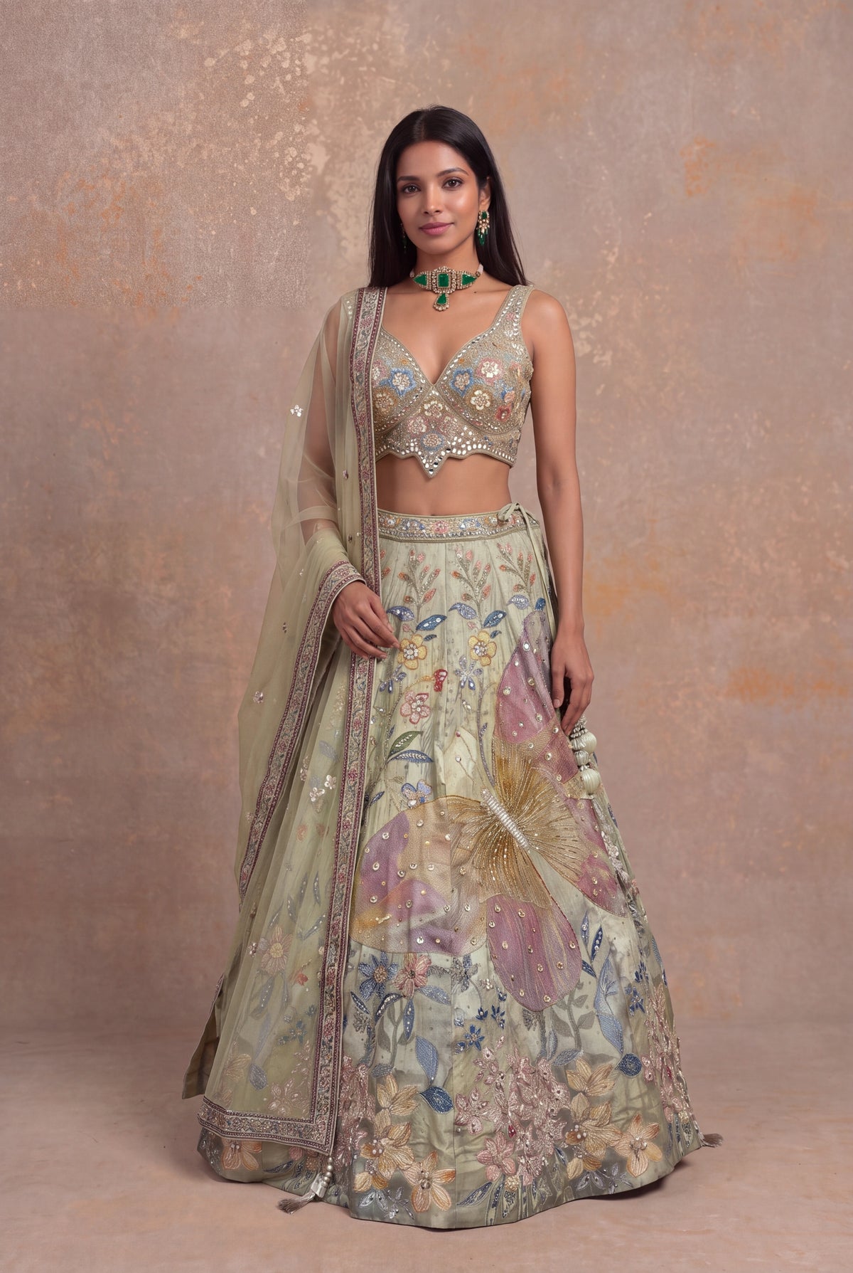 Pista Green Silk Floral Embroidered Lehenga