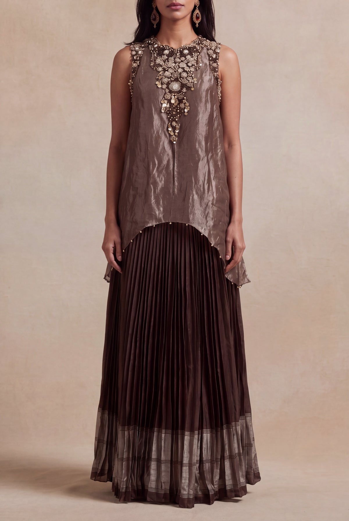 Bronze Crushed Tissue Top with Woven Silk Pleated Skirt