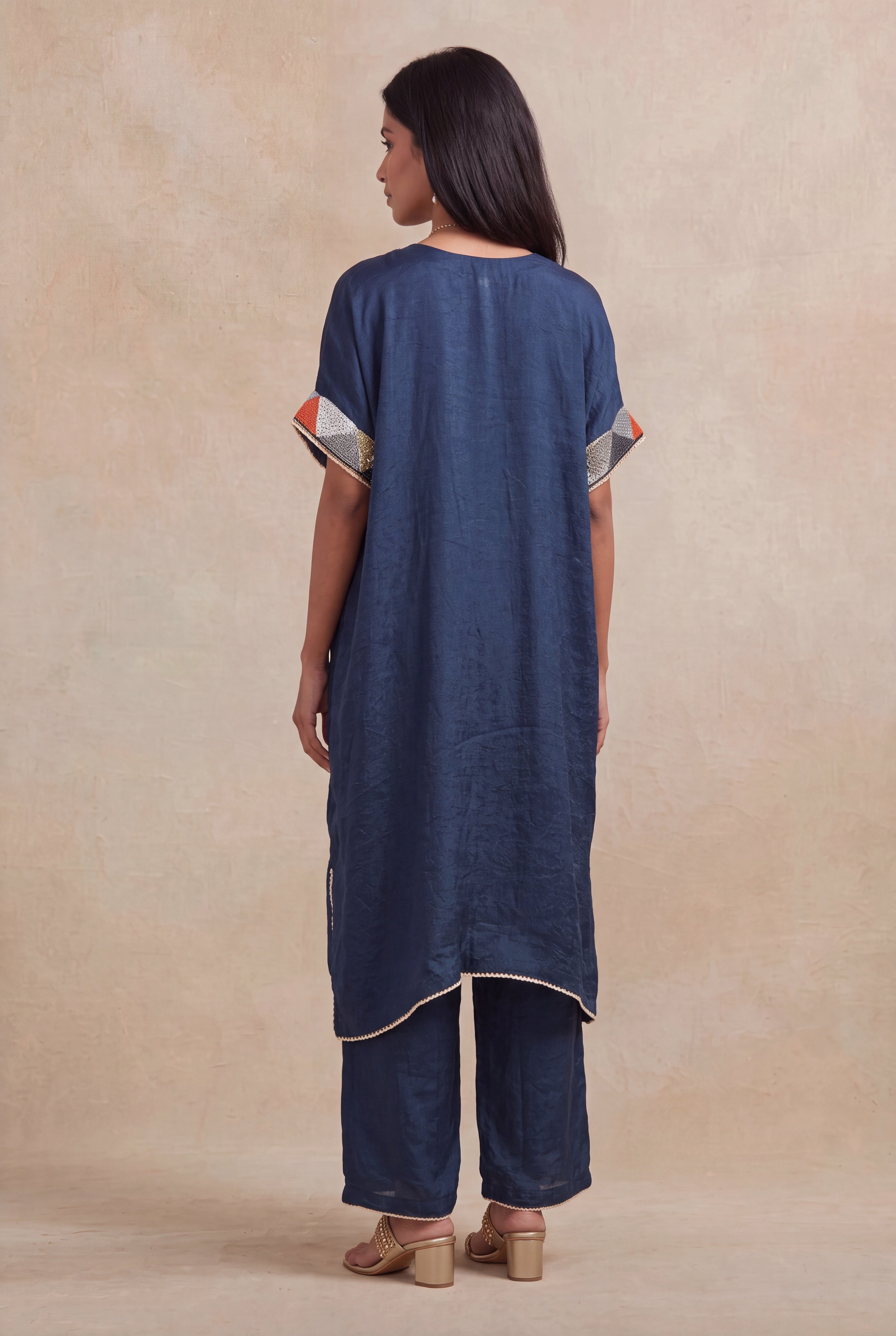 Navy Blue Soft Silk Kaftan Co-ord Set