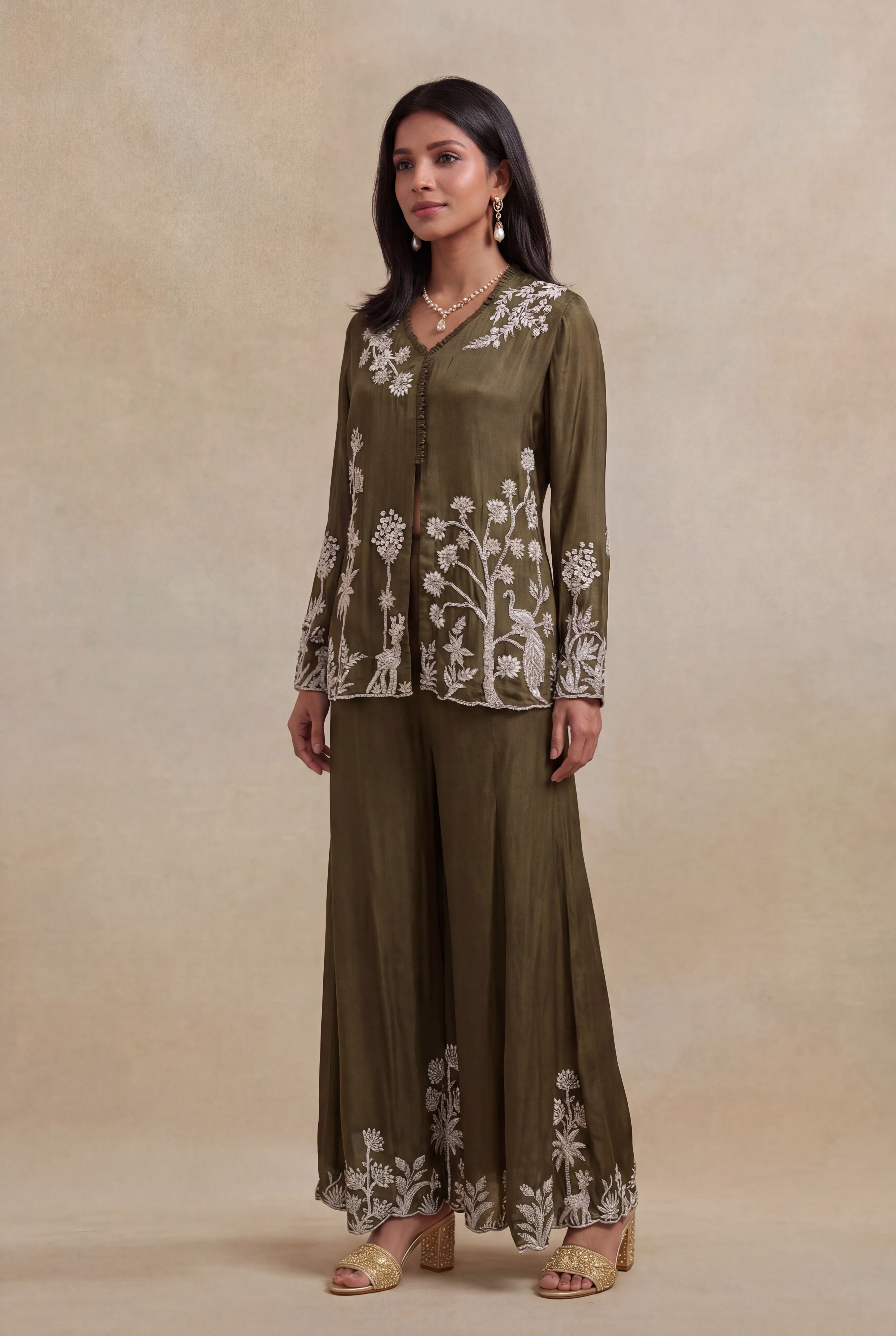 Olive Green Chinon Indo-Western Co-Ord Set