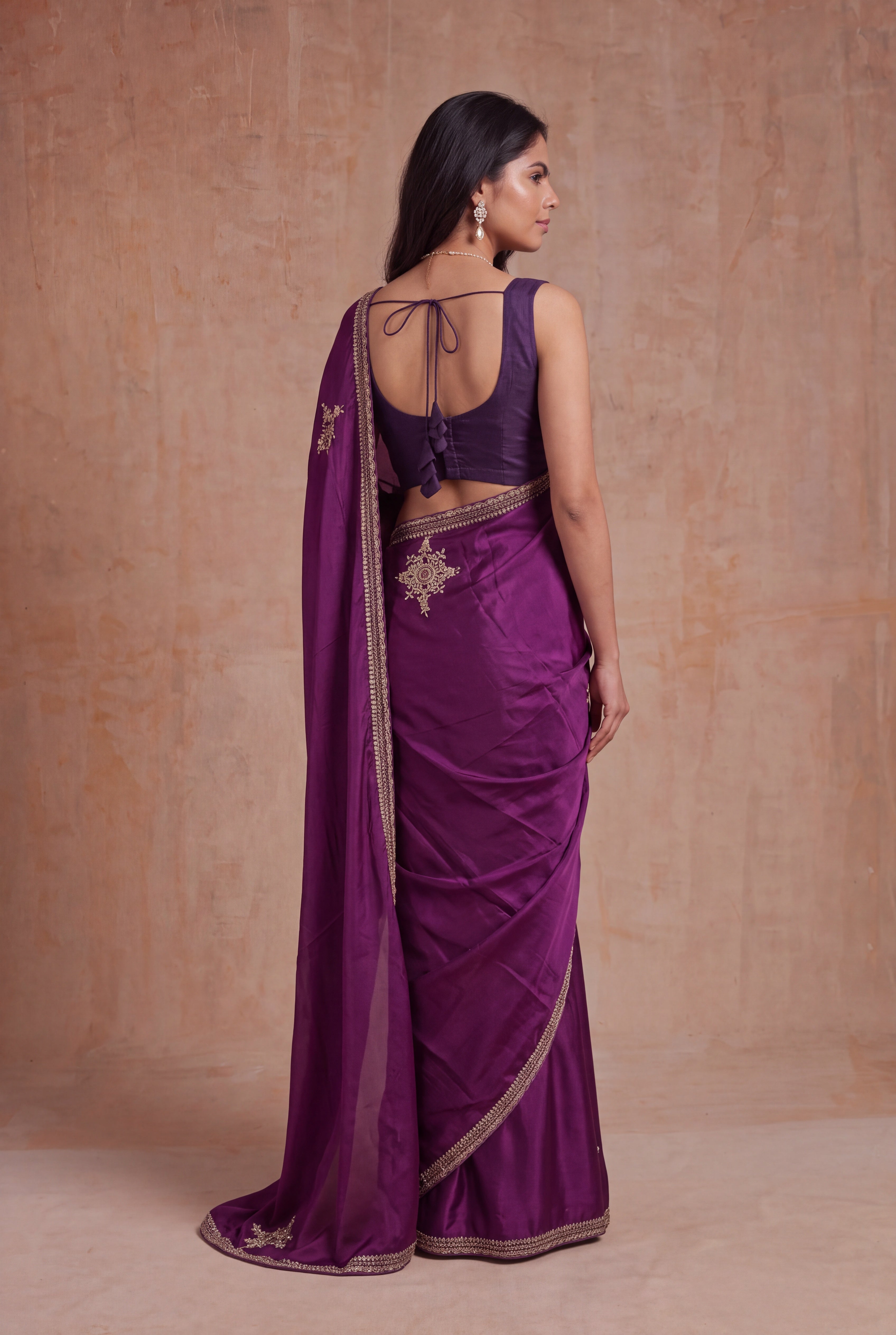 Wine Satin Zardozi Butta Saree
