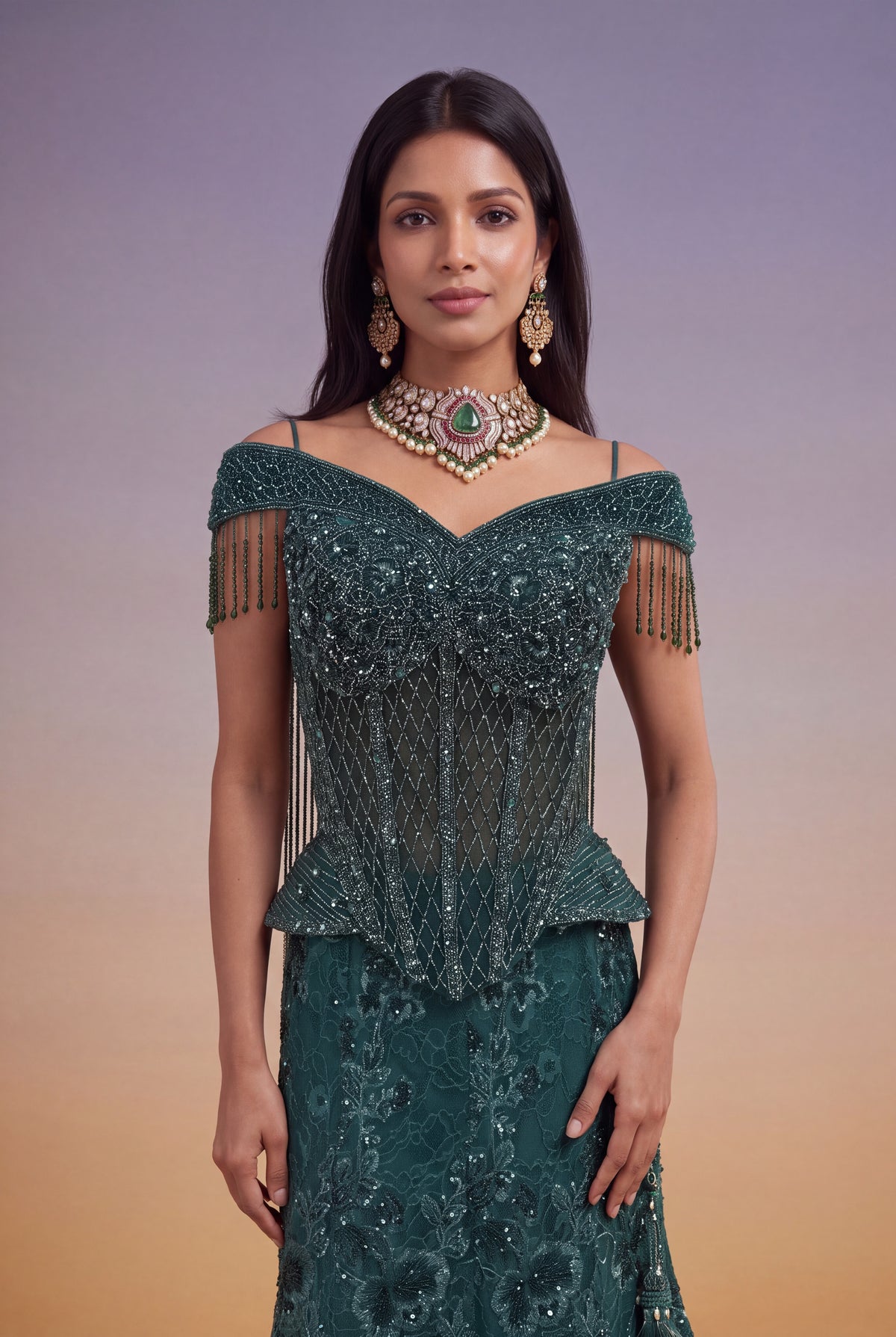 Emerald Green Indo-Western Corset Lehenga