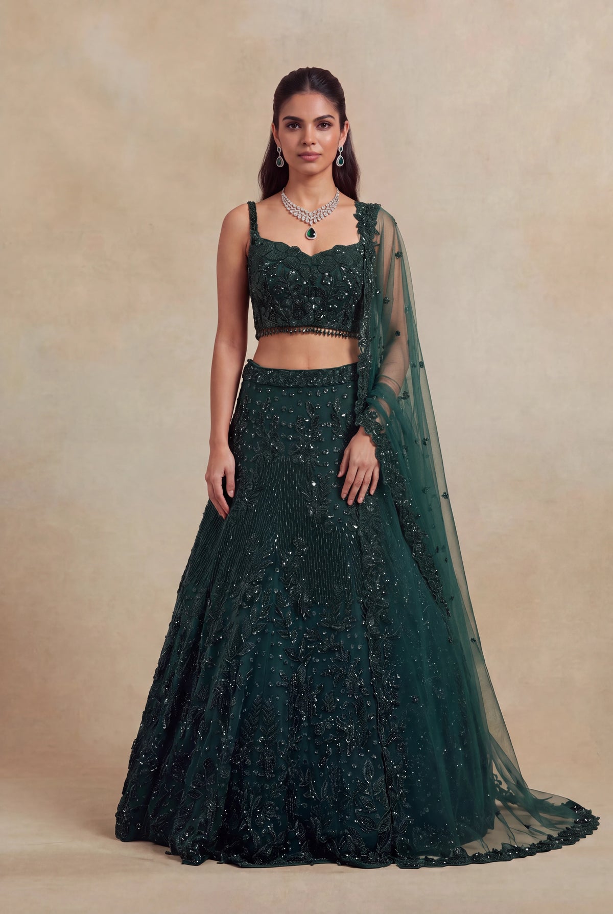 Bottle Green Net Lehenga with Sequin & Beadwork