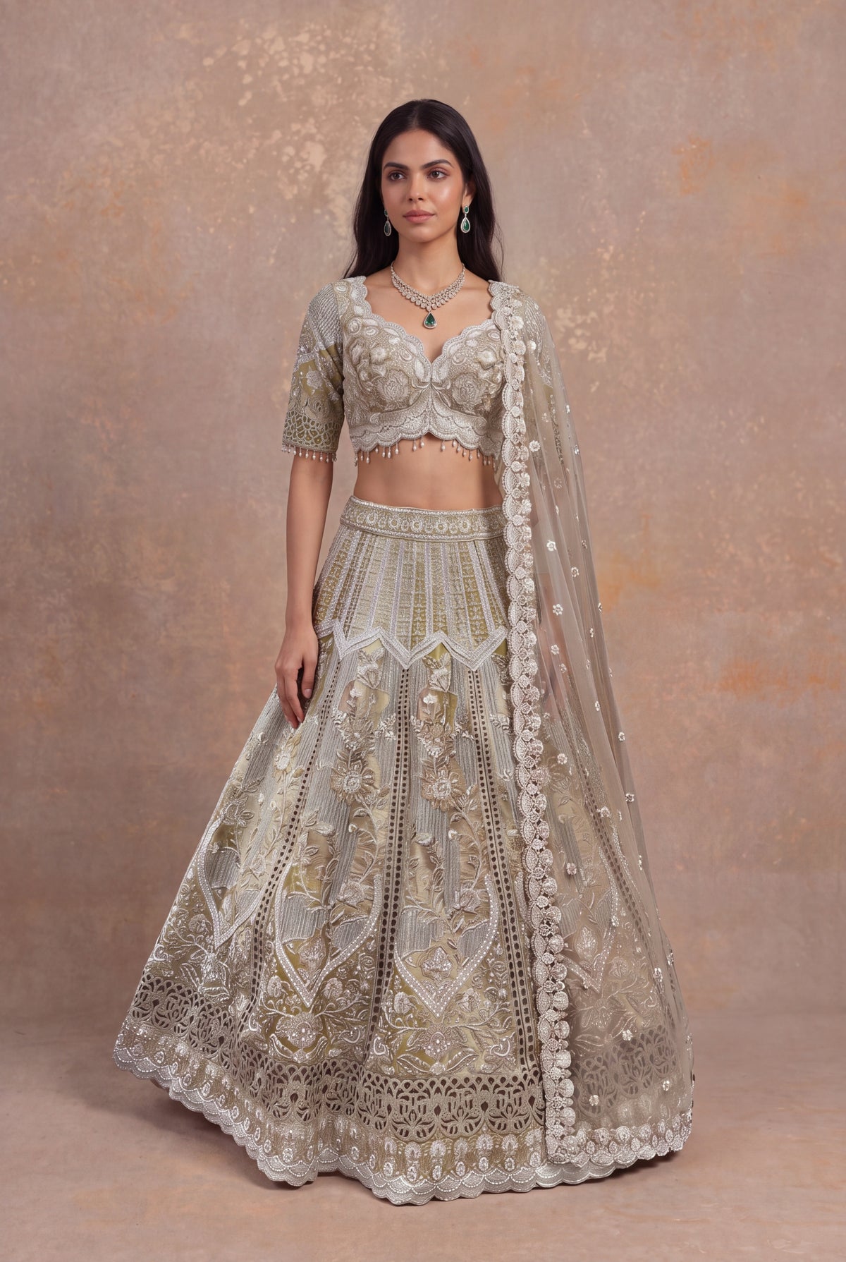 Shimmer Tissue Cutwork Lehenga