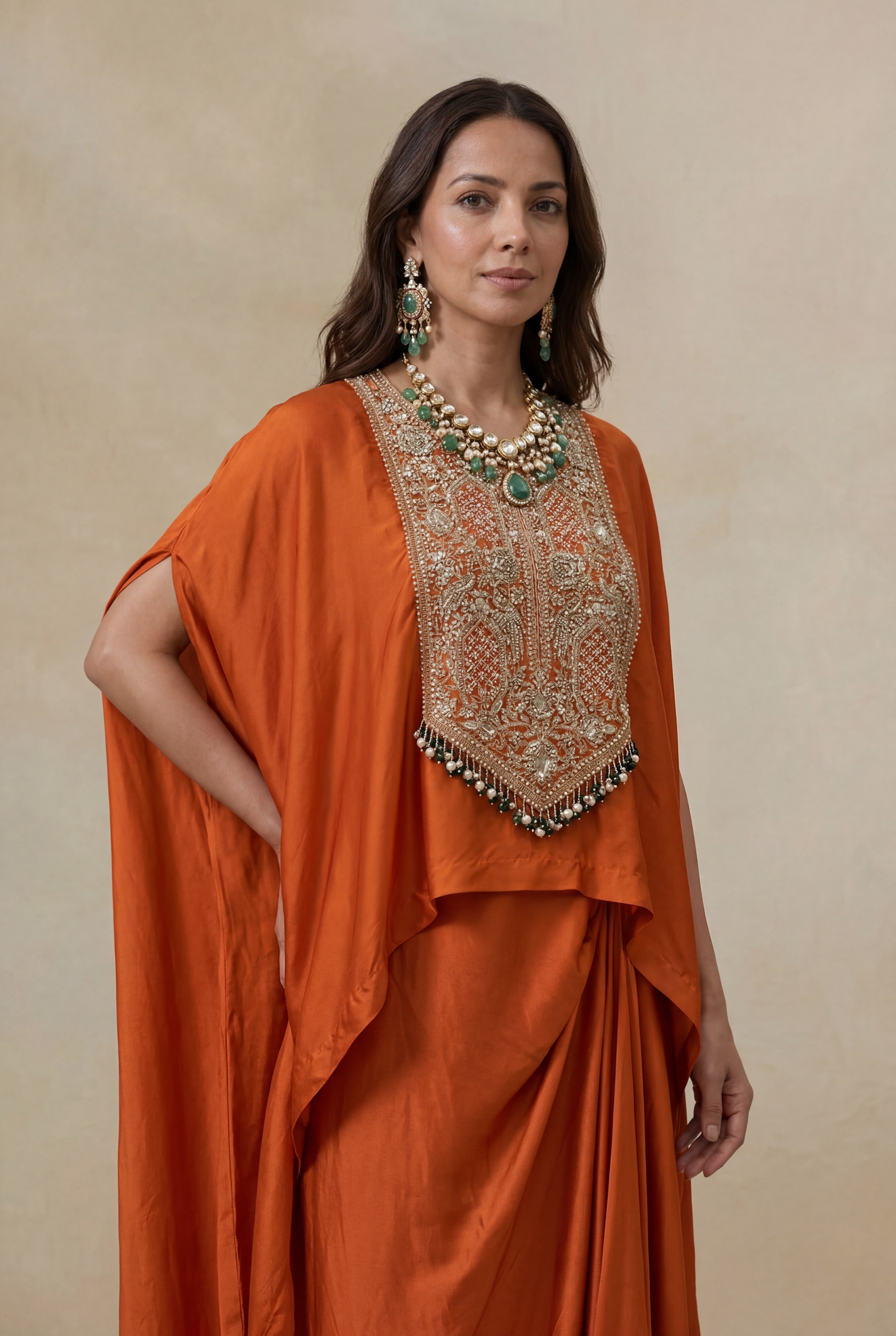 orange indo western dress for women Burnt Gold Orange Indo-Western Lehenga with Zari, Sequin and Beads Work
