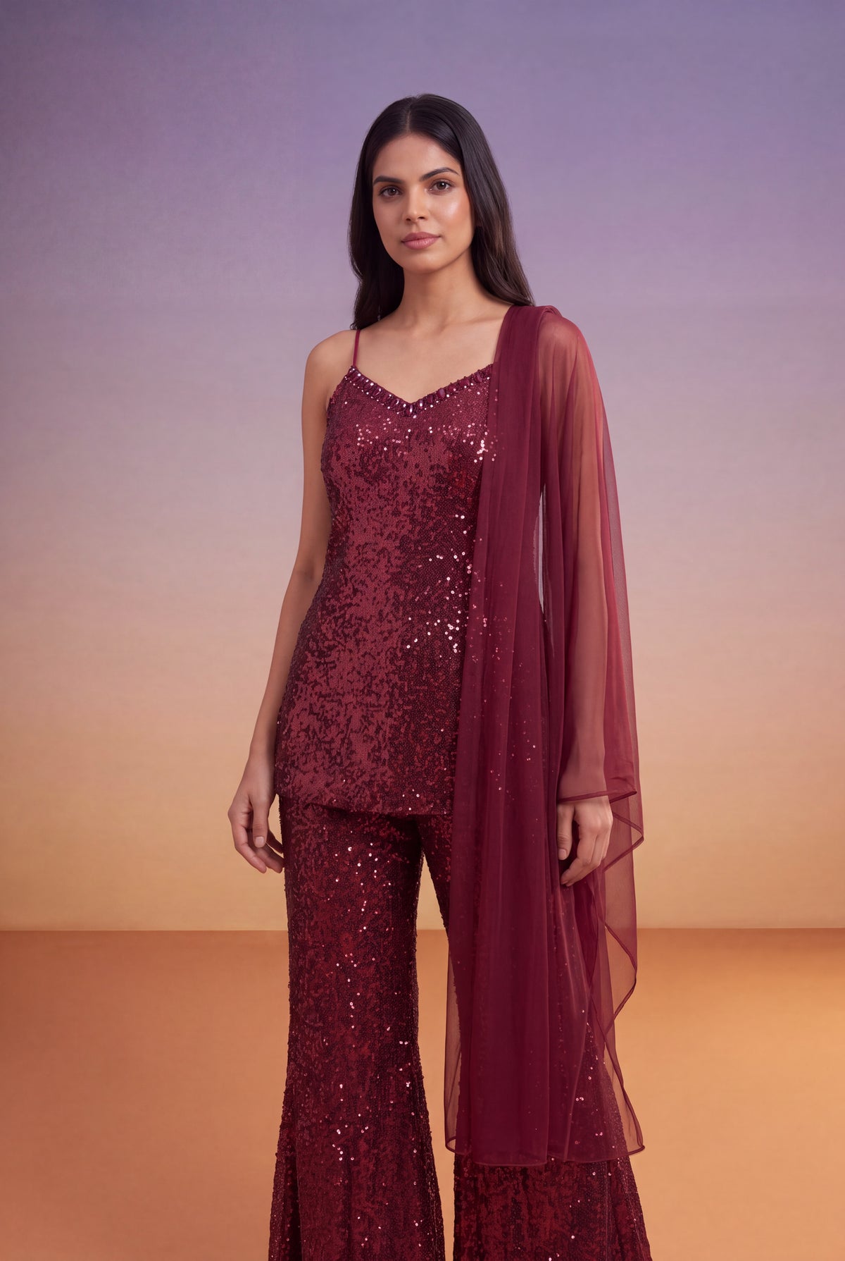 Wine Sequin Indo-Western Palazzo Set with Dupatta