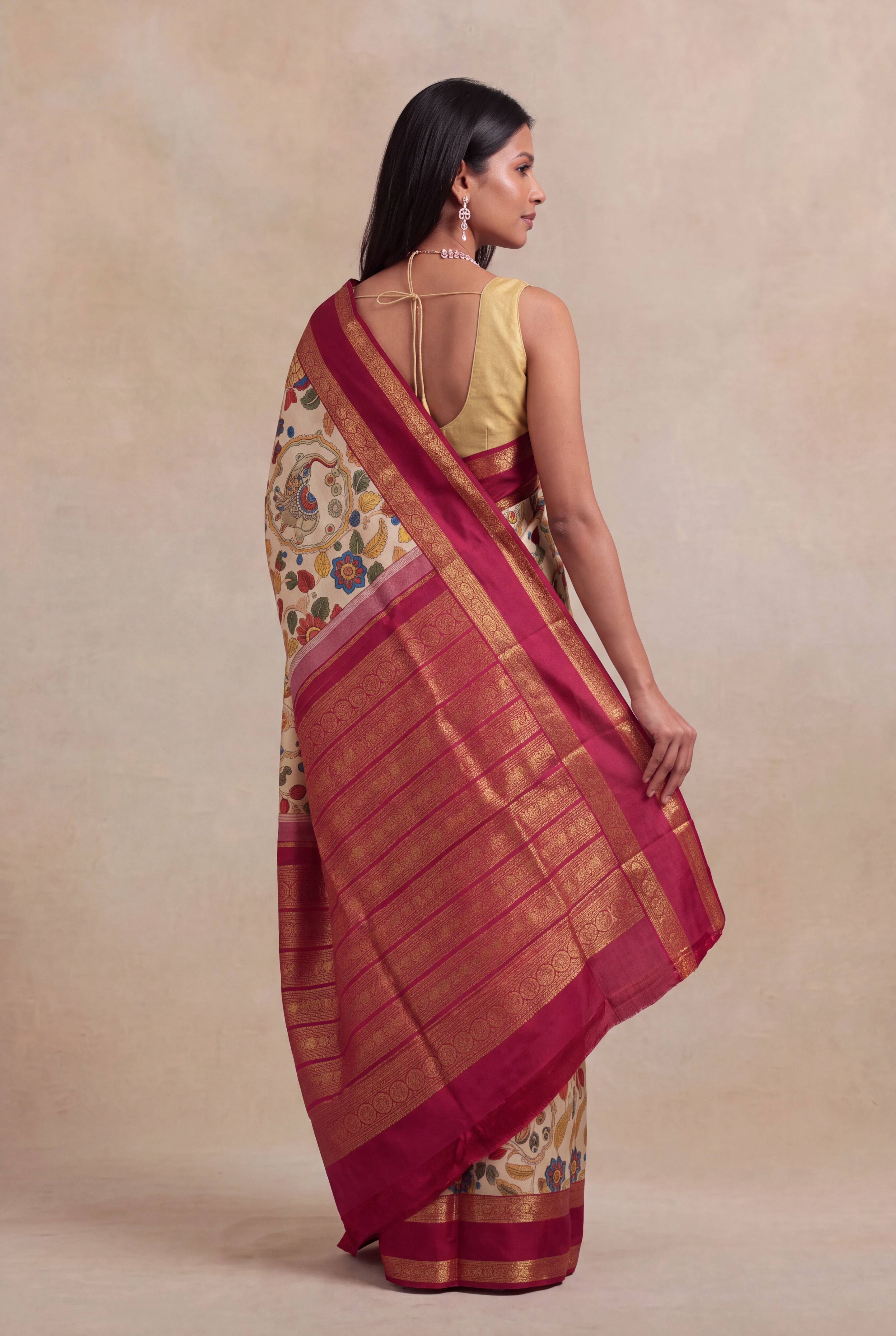 Beige Kalamkari Print Kanchivaram Silk Saree