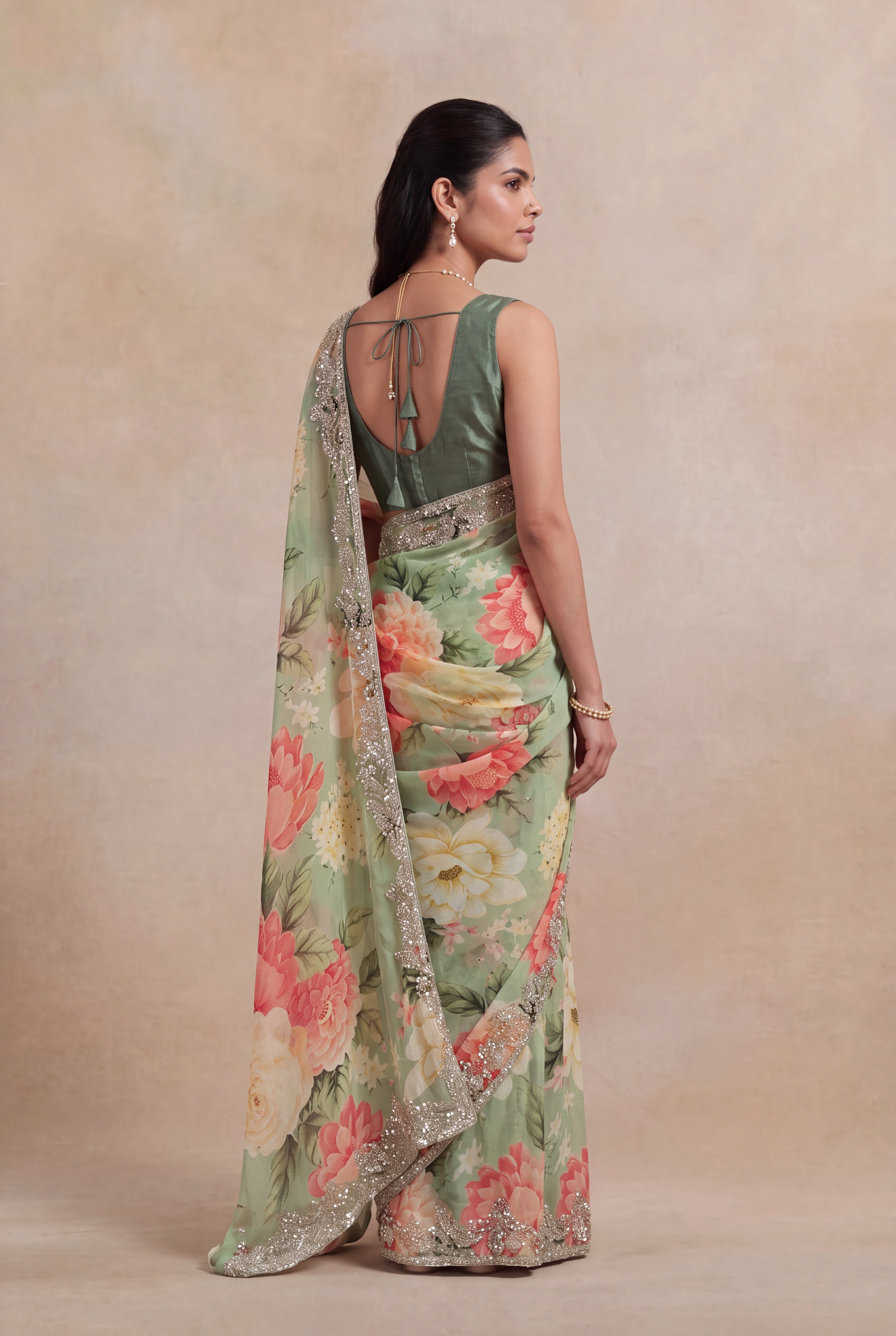 Pista Green Georgette Floral Print Saree