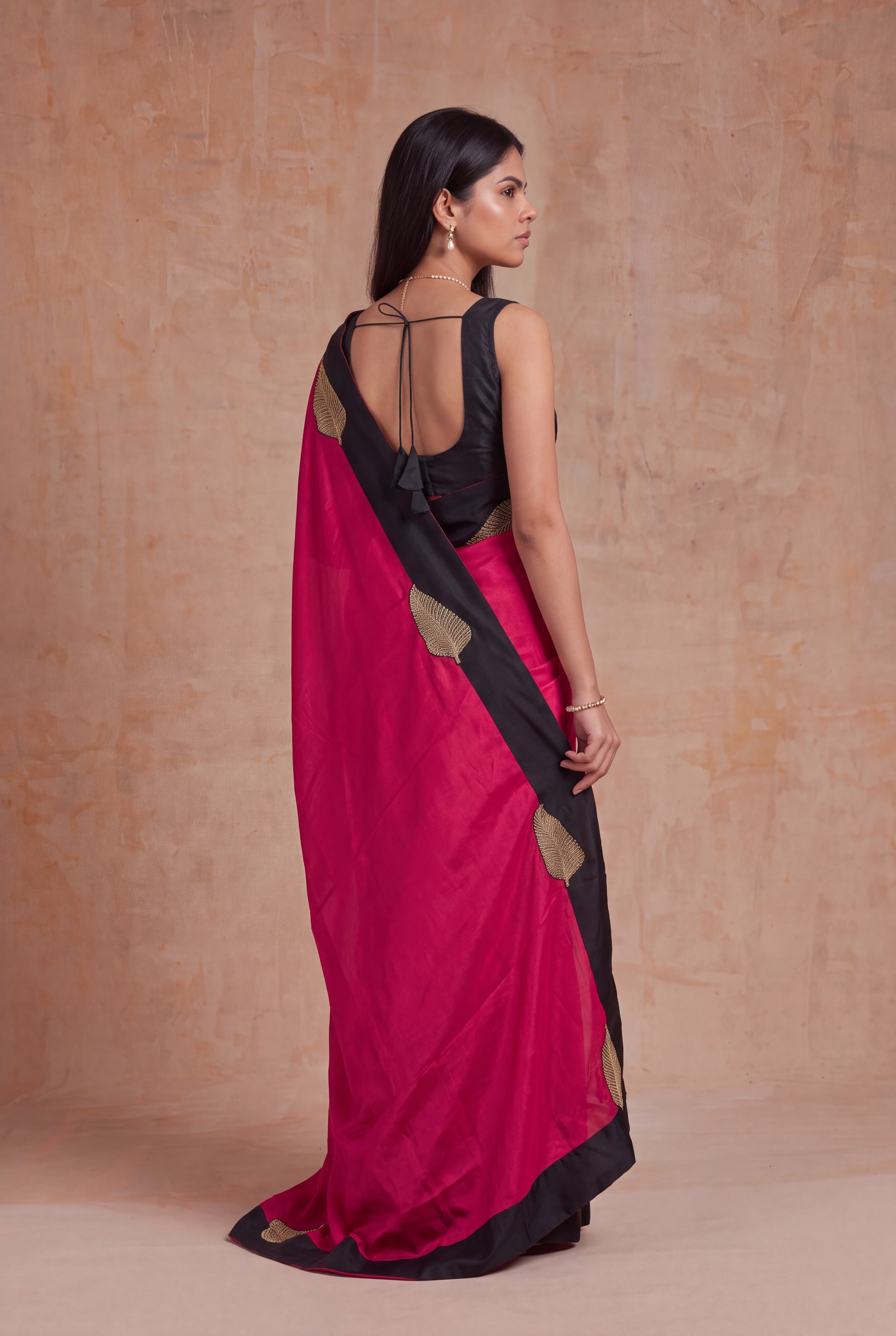 Rani Pink Satin Silk Saree with Black Sequin Border