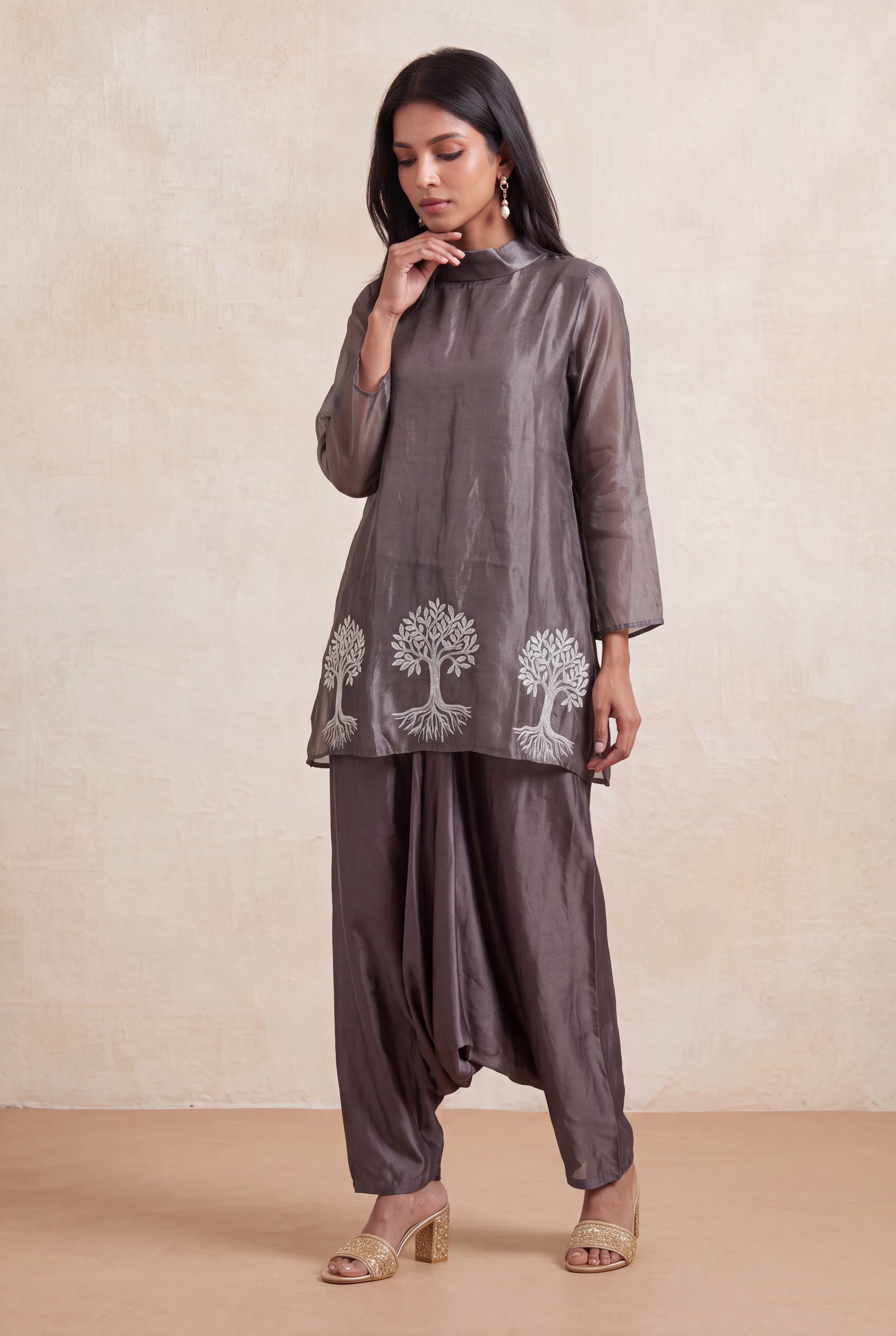 Steel Grey Tissue Indo-Western Co-Ord Set