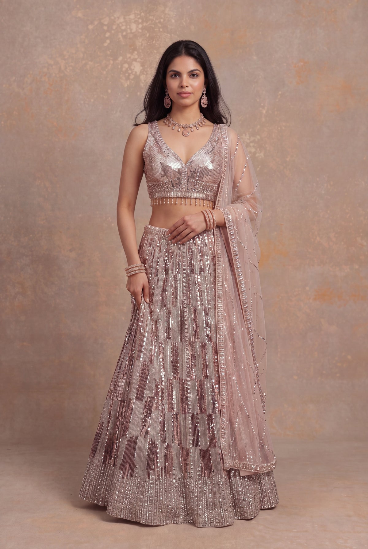 Peach Sequin & Katdana Embellished Net Lehenga