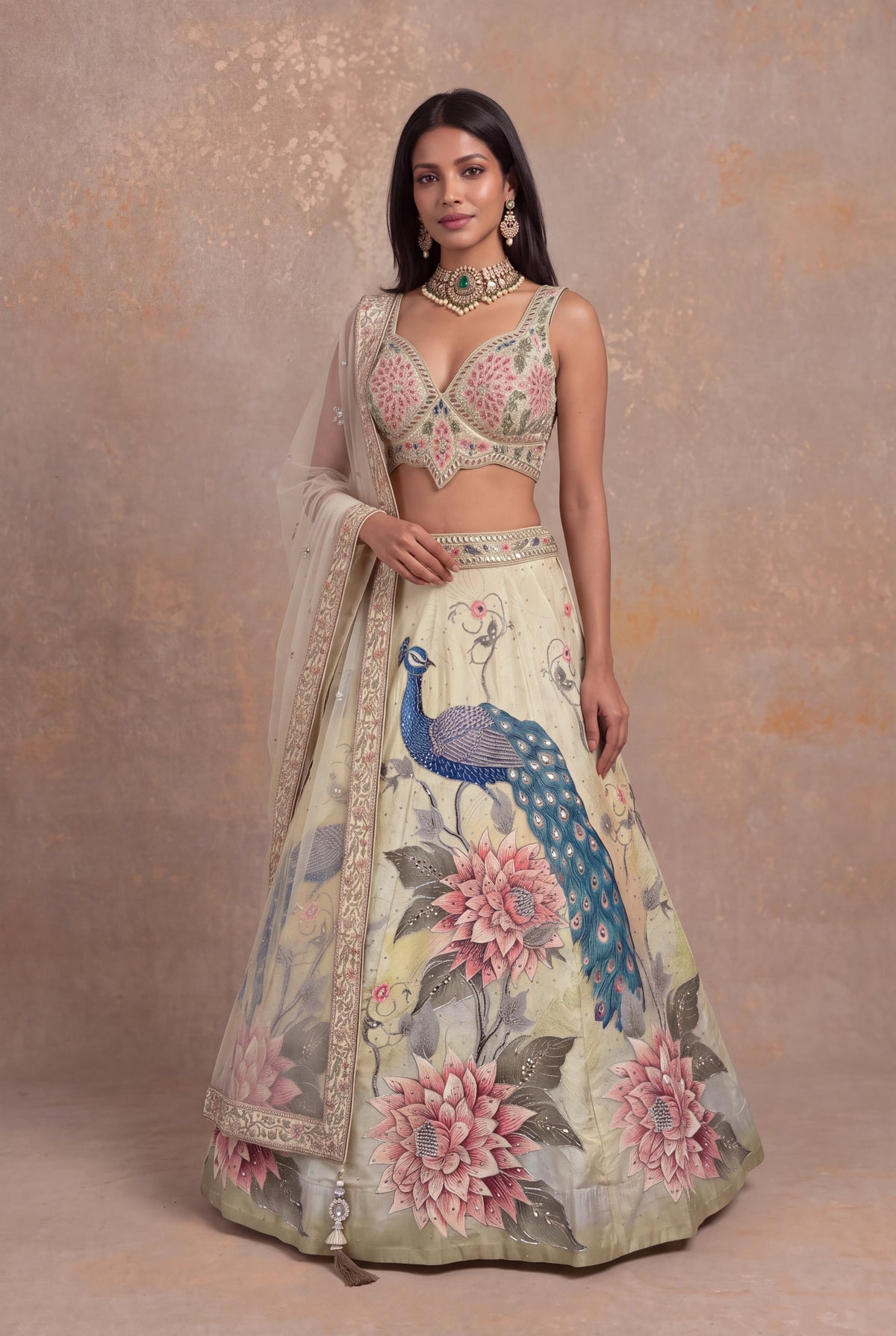 Pista Green Peacock & Floral Silk Lehenga
