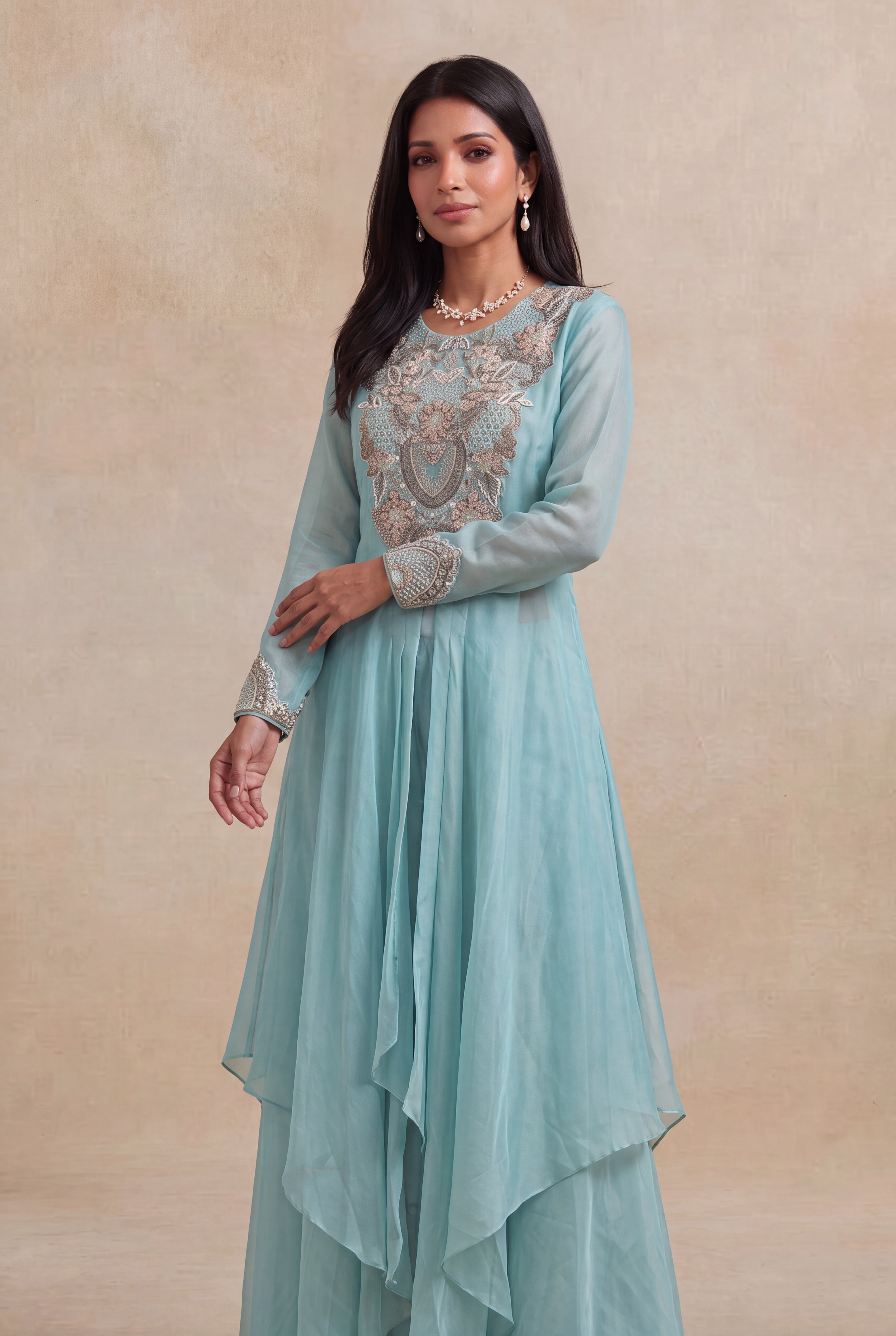 Powder Blue Tissue Indo-Western Layered Co-Ord