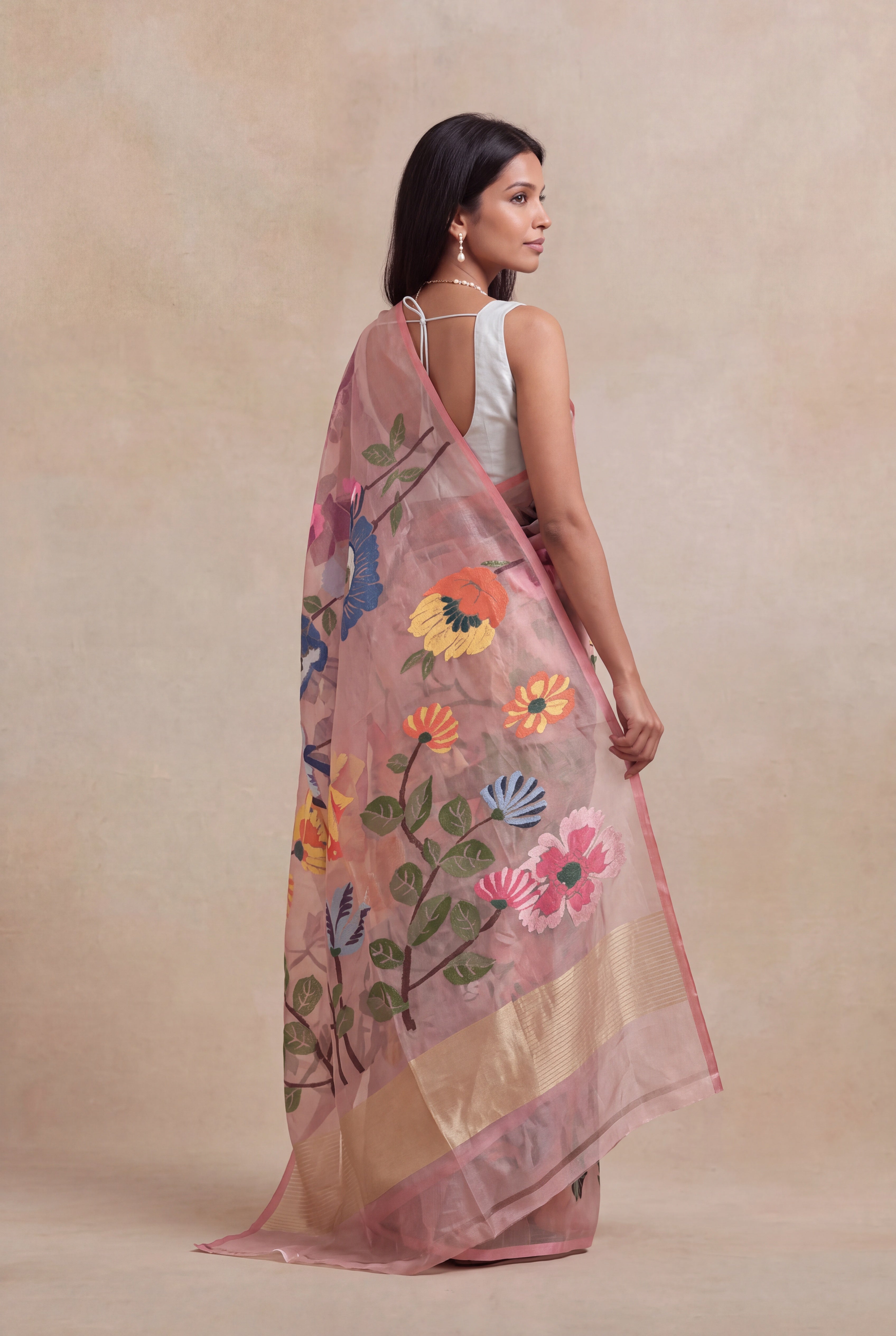 Peach Banarasi Tissue Silk Floral Jaal Saree