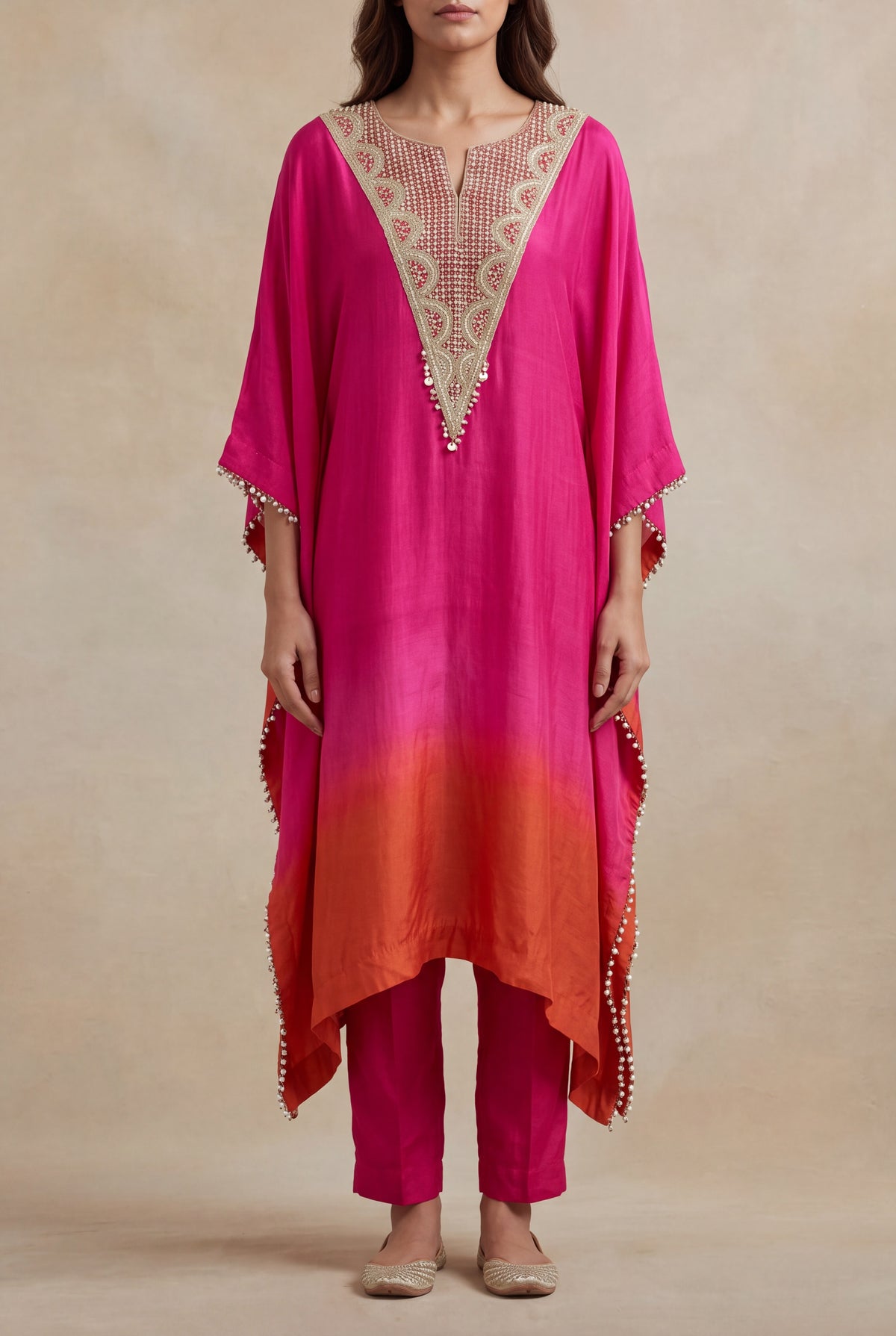 Pink & Orange Raw Silk Embellished Kaftan Set