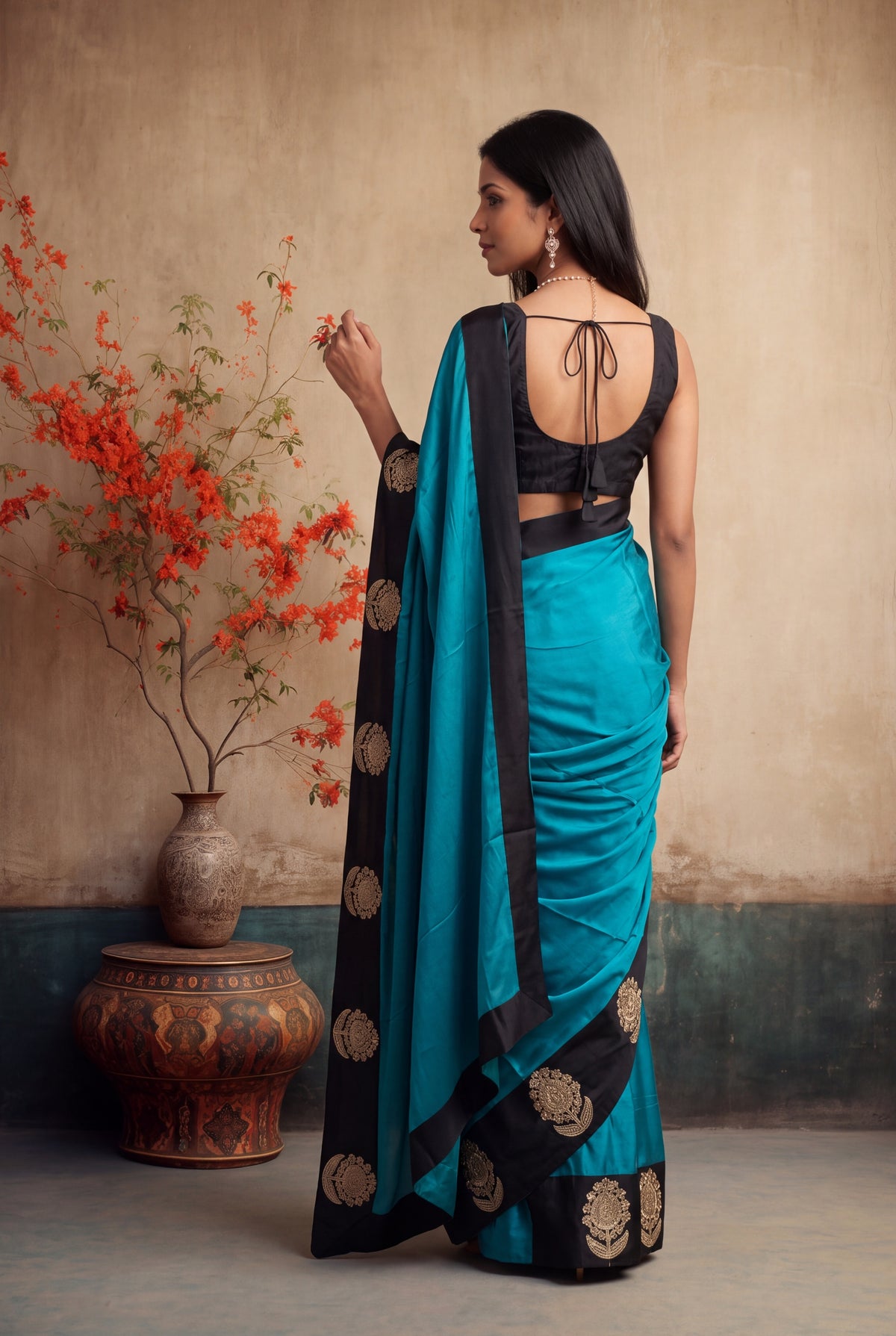 Teal Blue Crepe Silk Saree