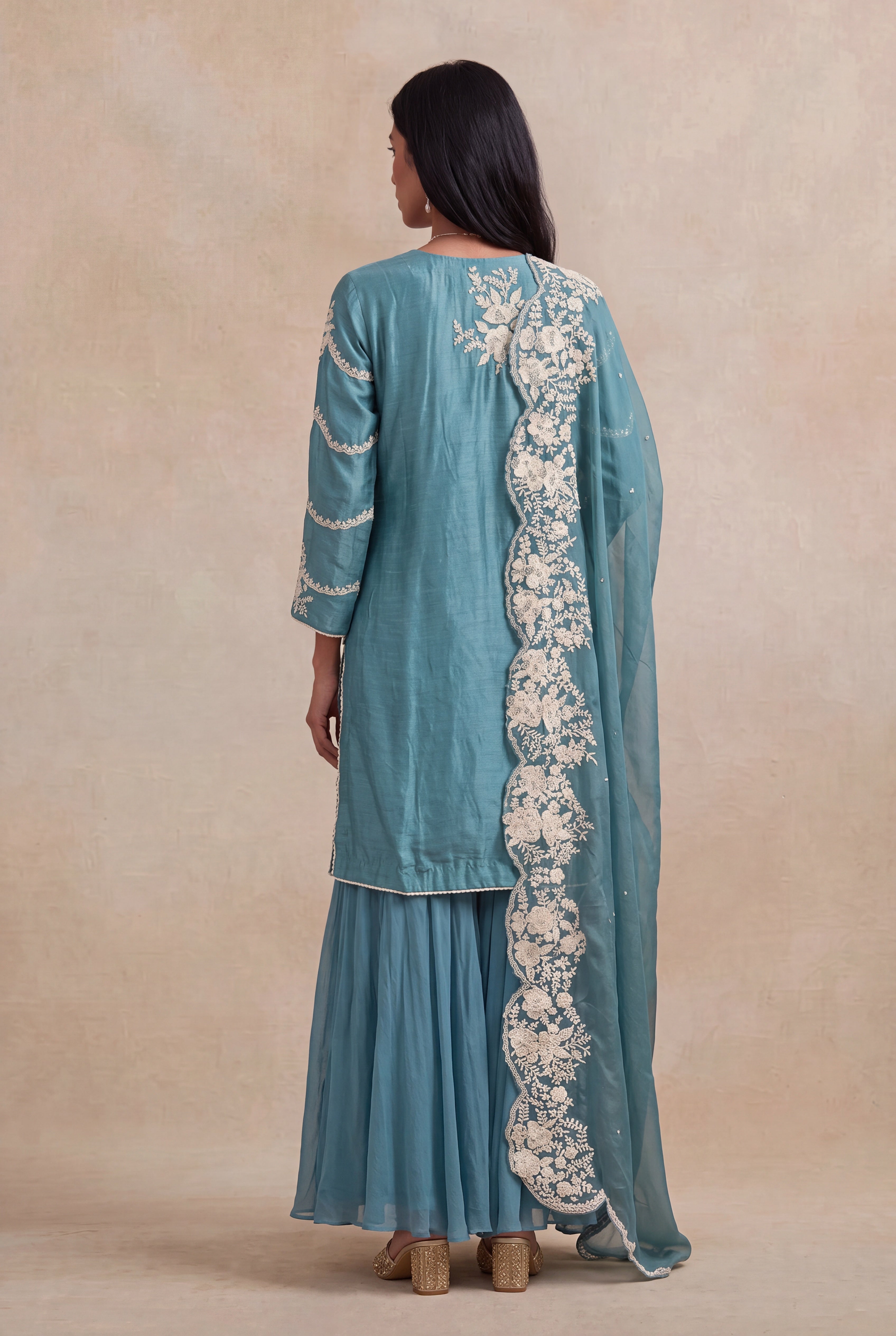 Teal Blue Raw Silk Sharara Set with Pearl Embroidery