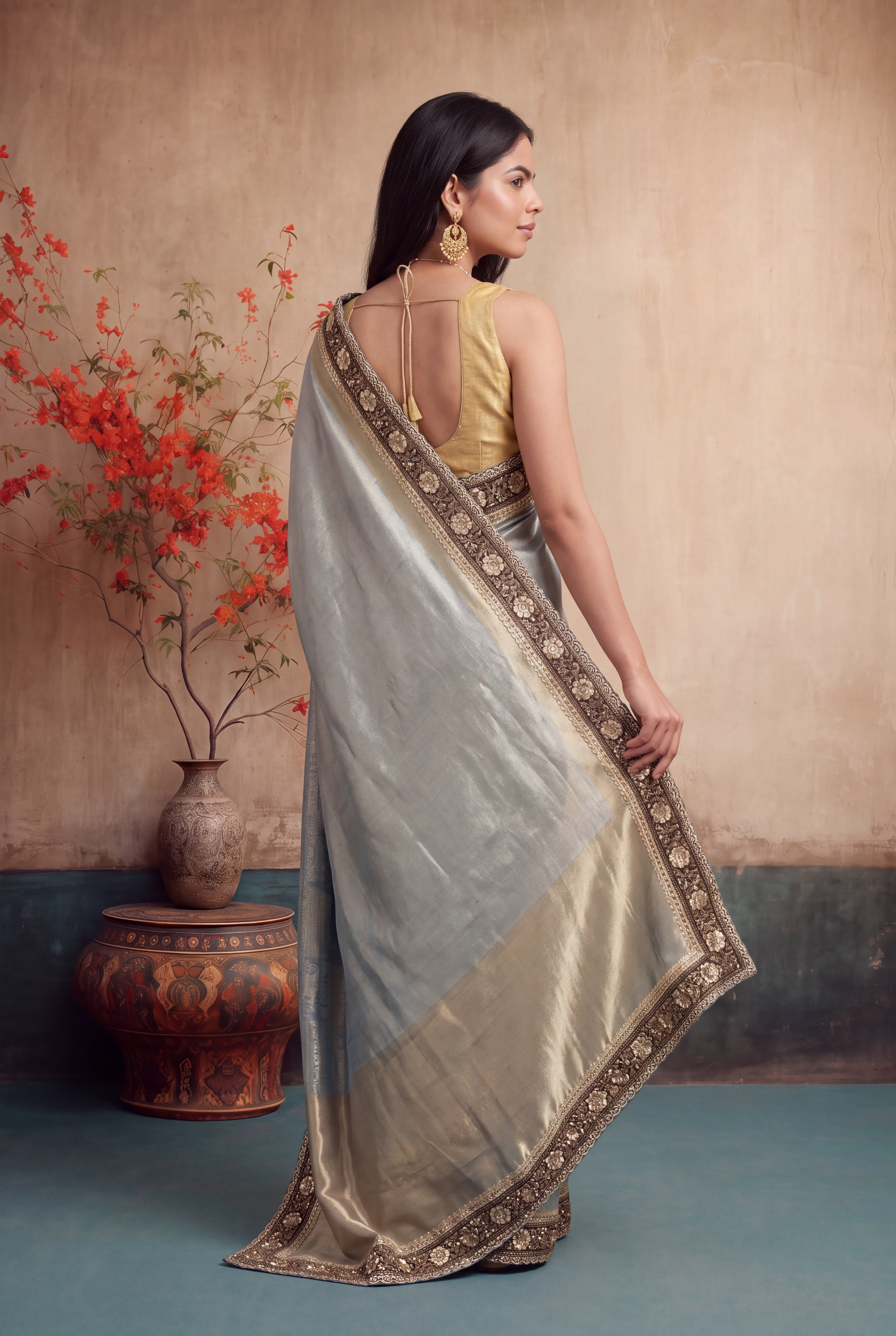 Ice Blue Zardozi Scallop Border Saree