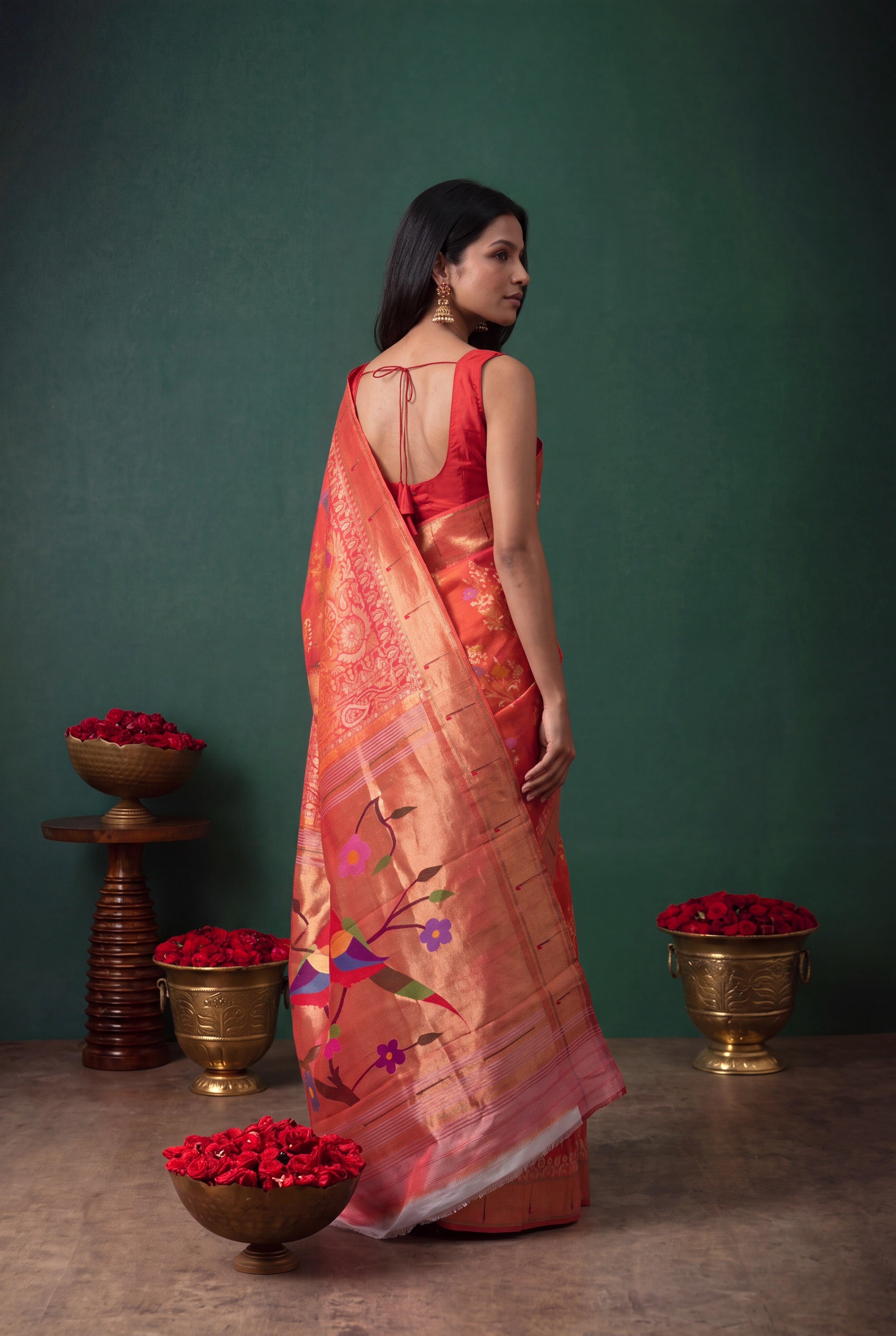 Coral Pink Kora Jamdani Saree with Paithani Border