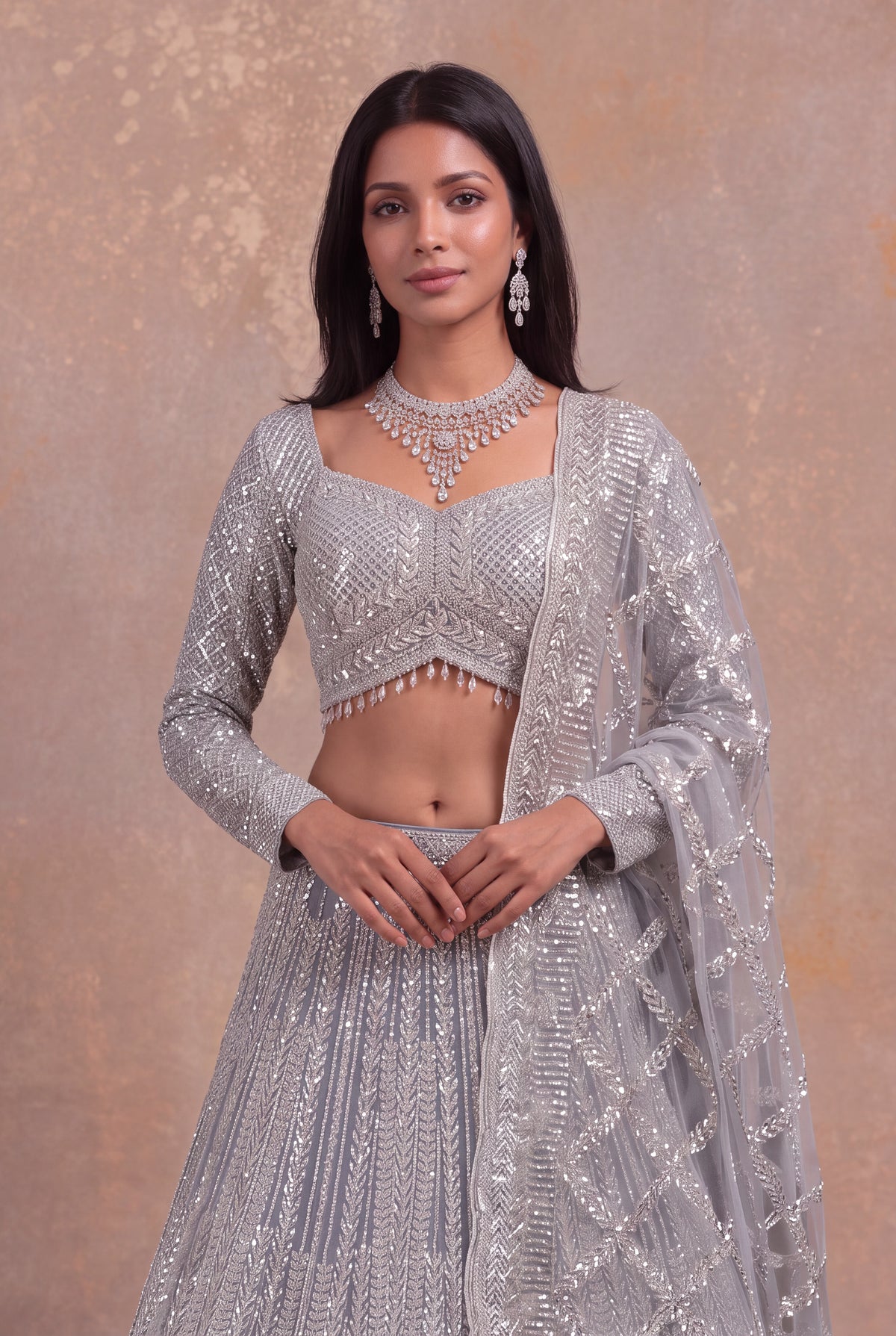 Ice Blue Net Sequin & Stone Embellished Lehenga Set