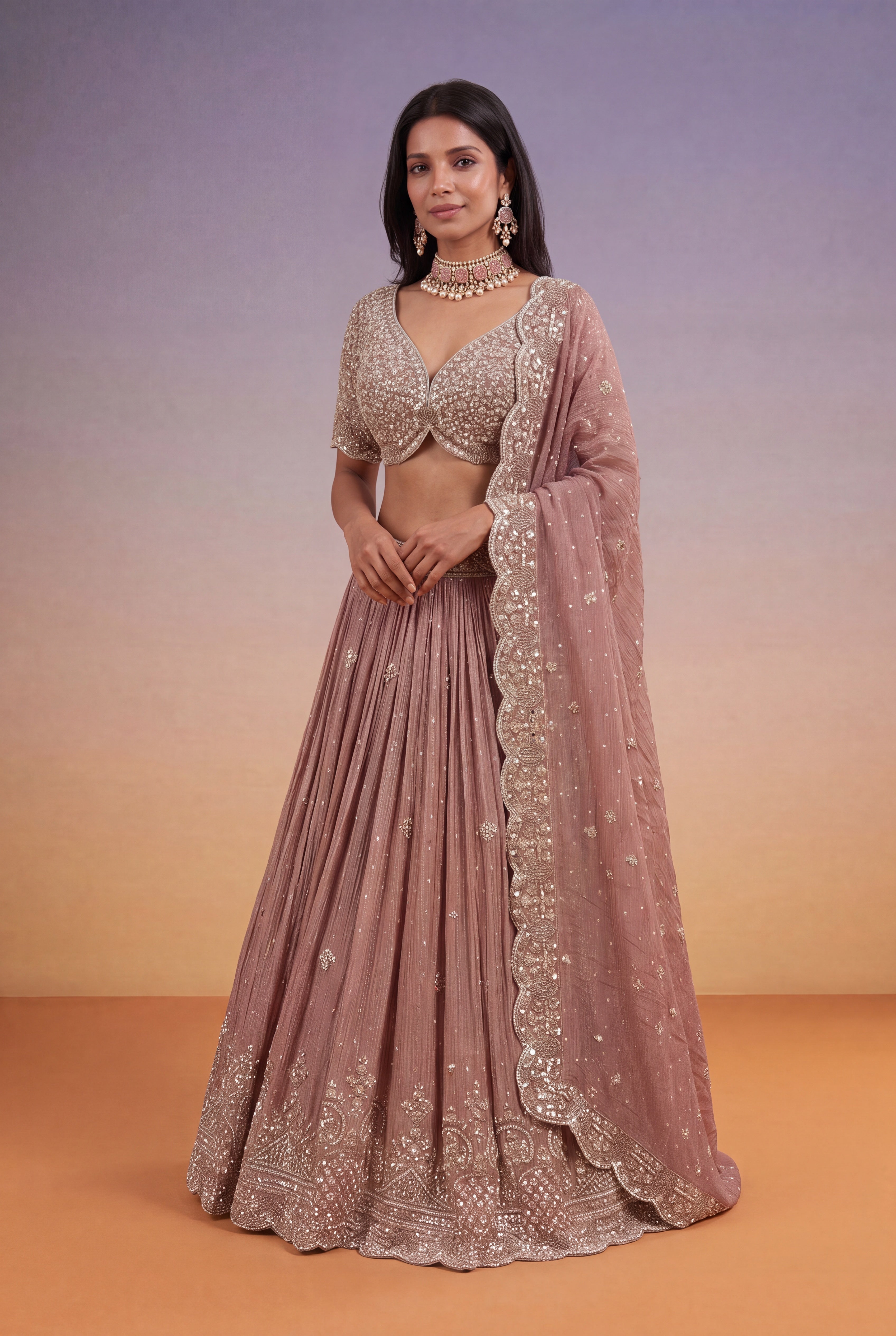 Dusty Rose Tissue Lehenga with Sequin, Kutdana & Pearl Embroidery
