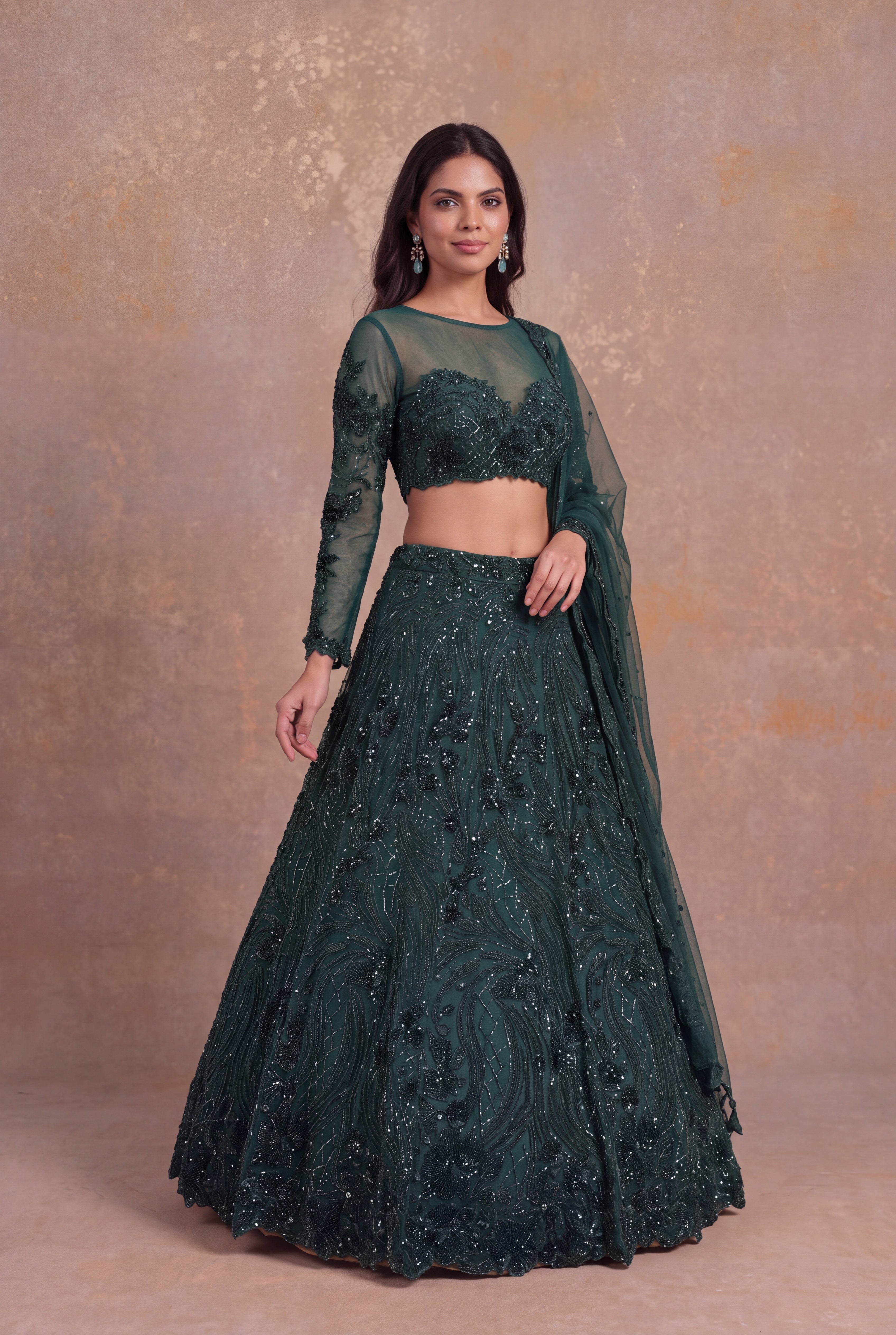Emerald Green Net Lehenga with Sheer Sleeves and Swirling Bead Embroidery