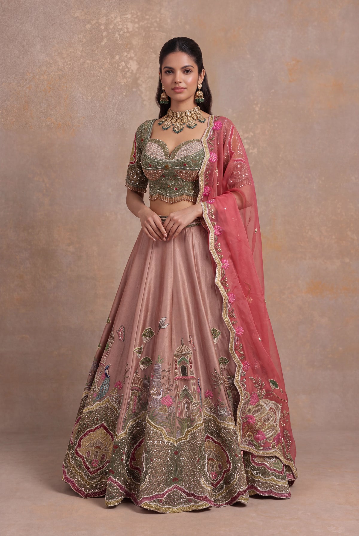 Dusty Rose Tissue Lehenga Set with Velvet Applique