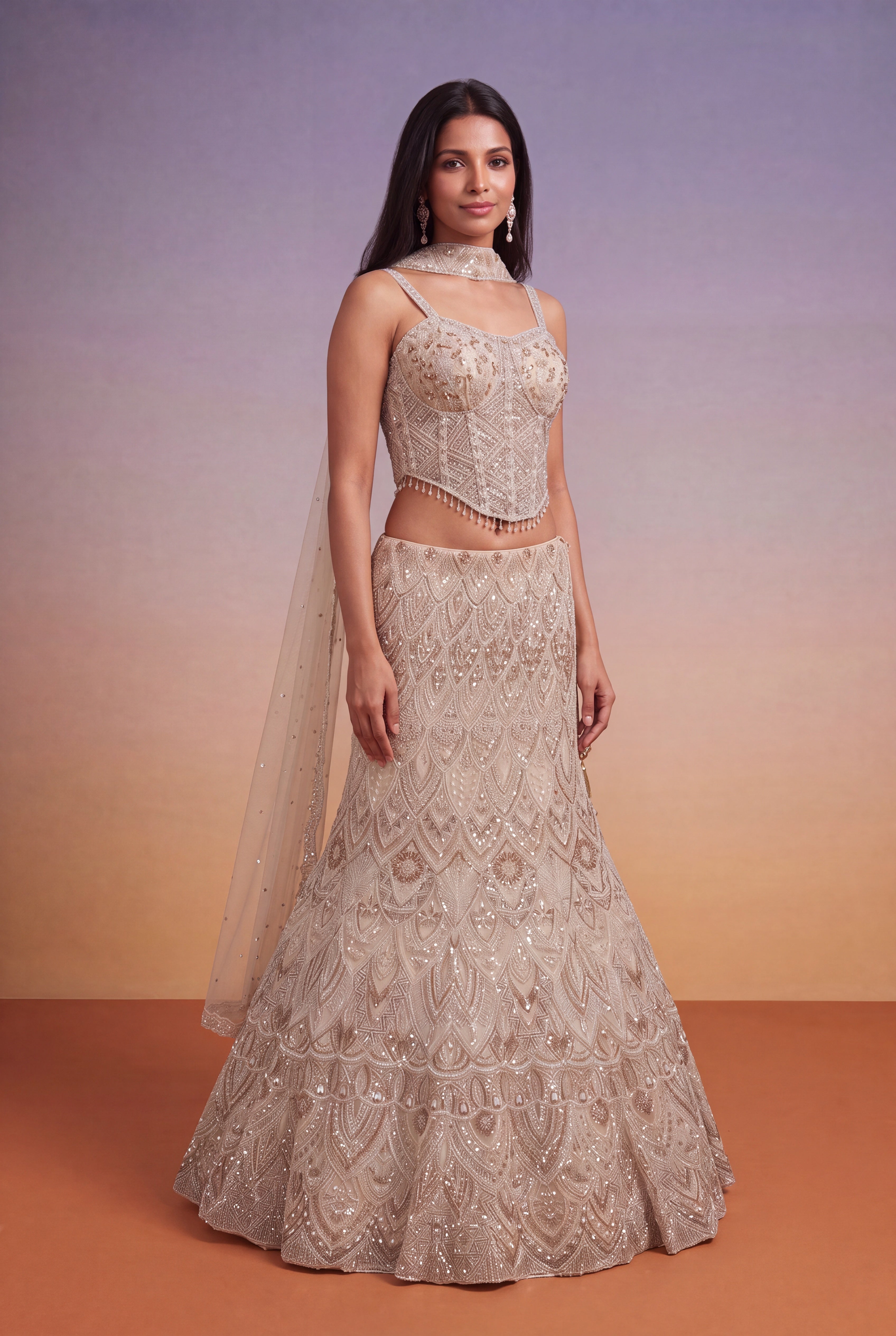 Champagne Net Lehenga with Corset Blouse and Sequin-Kutdana Embroidery
