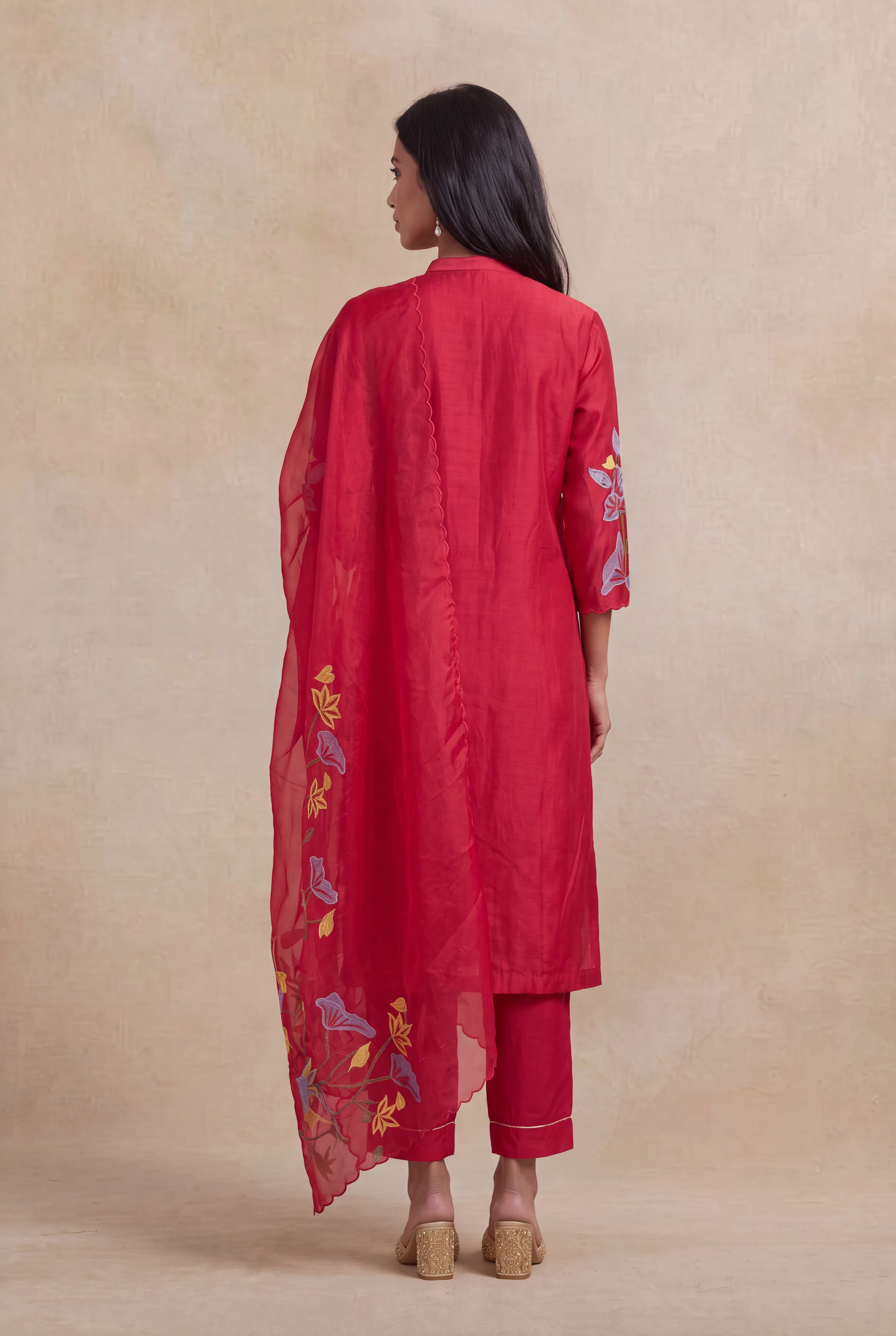 Red Chanderi Cotton Embroidered Straight-Cut Salwar Set