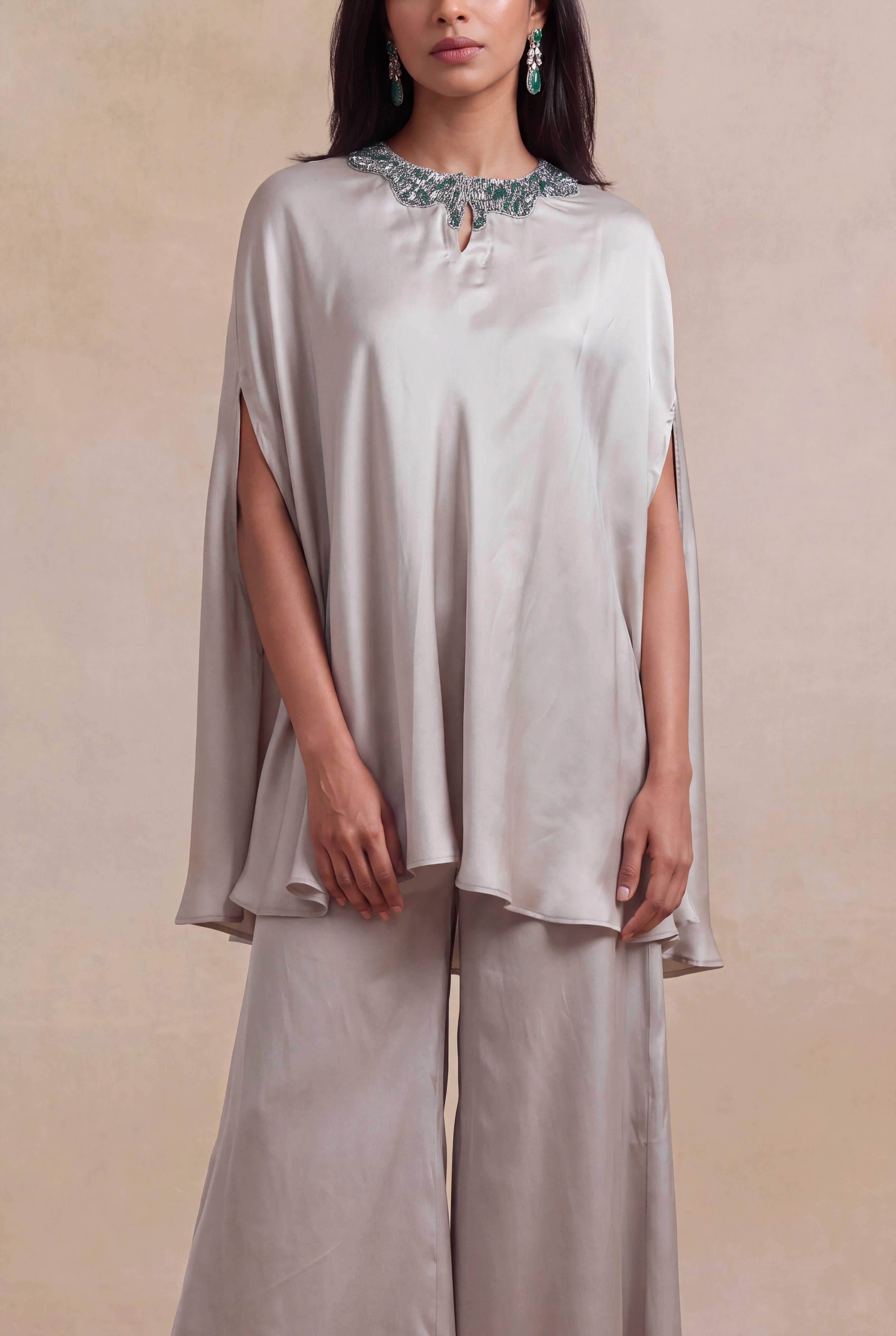 Silver Grey Satin Silk Cape Set with Bead Embellishment