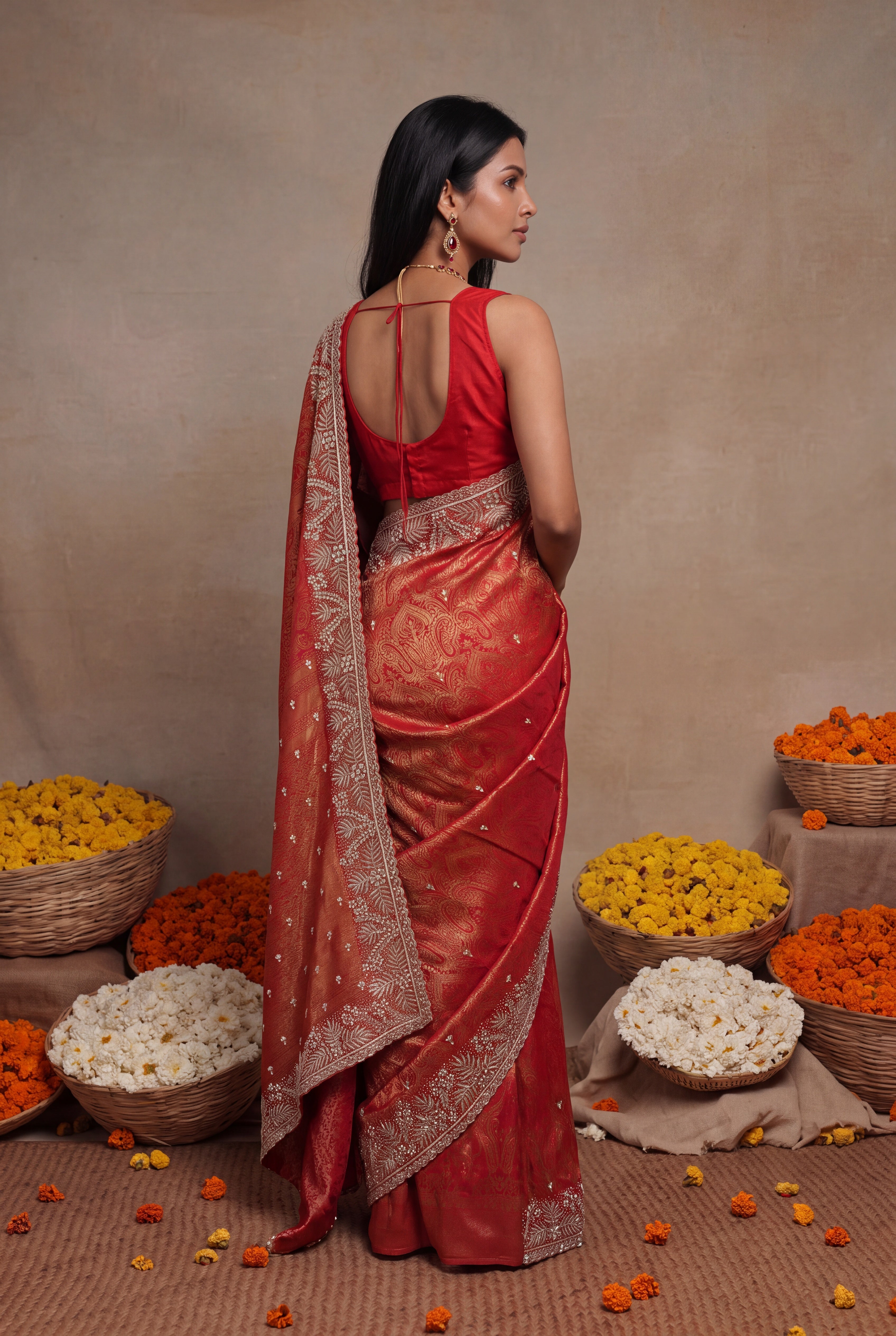 Red Banarasi Silk Saree with Embellished Border