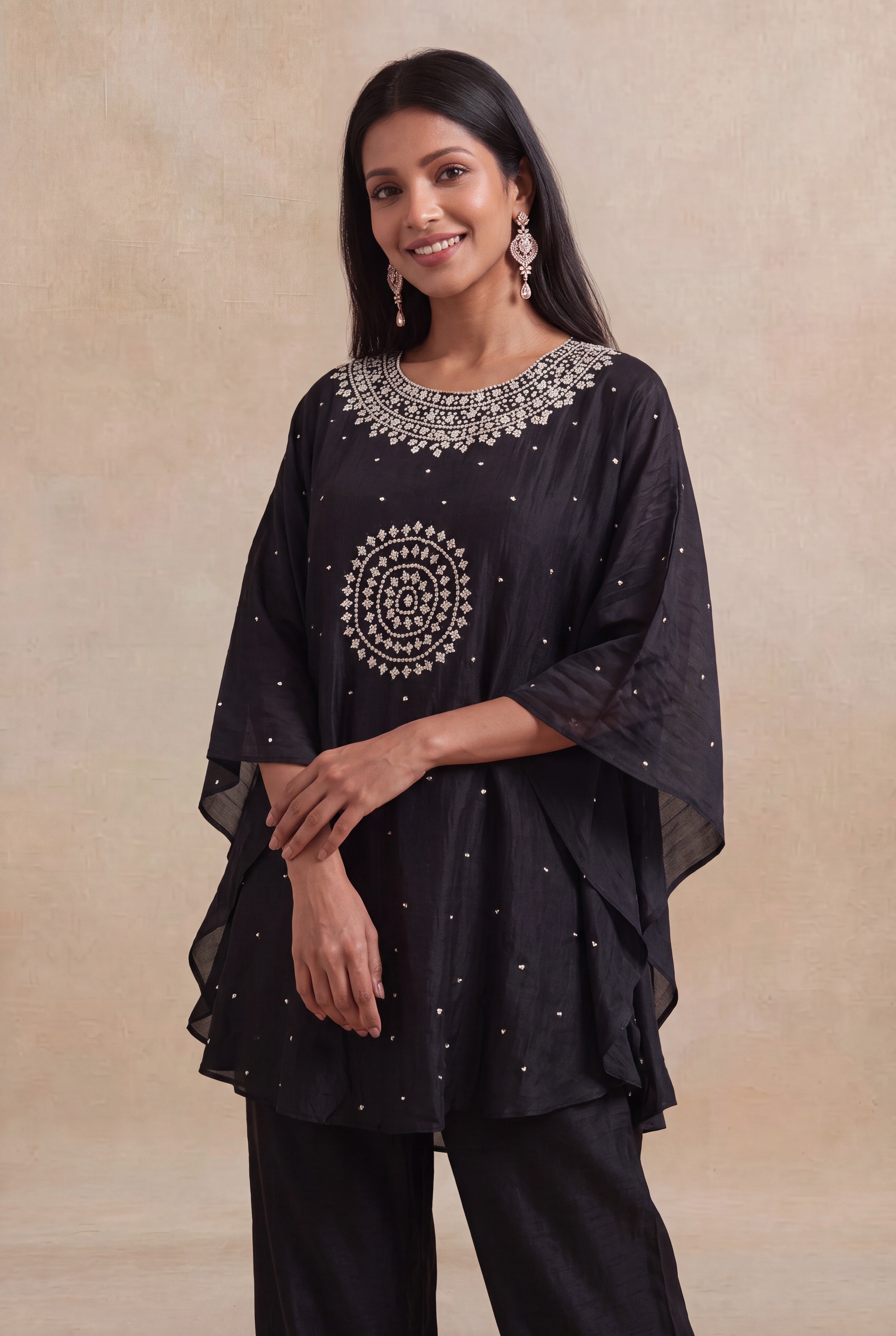 Black Raw Silk Sequin Embroidered Kaftan Co-ord Set