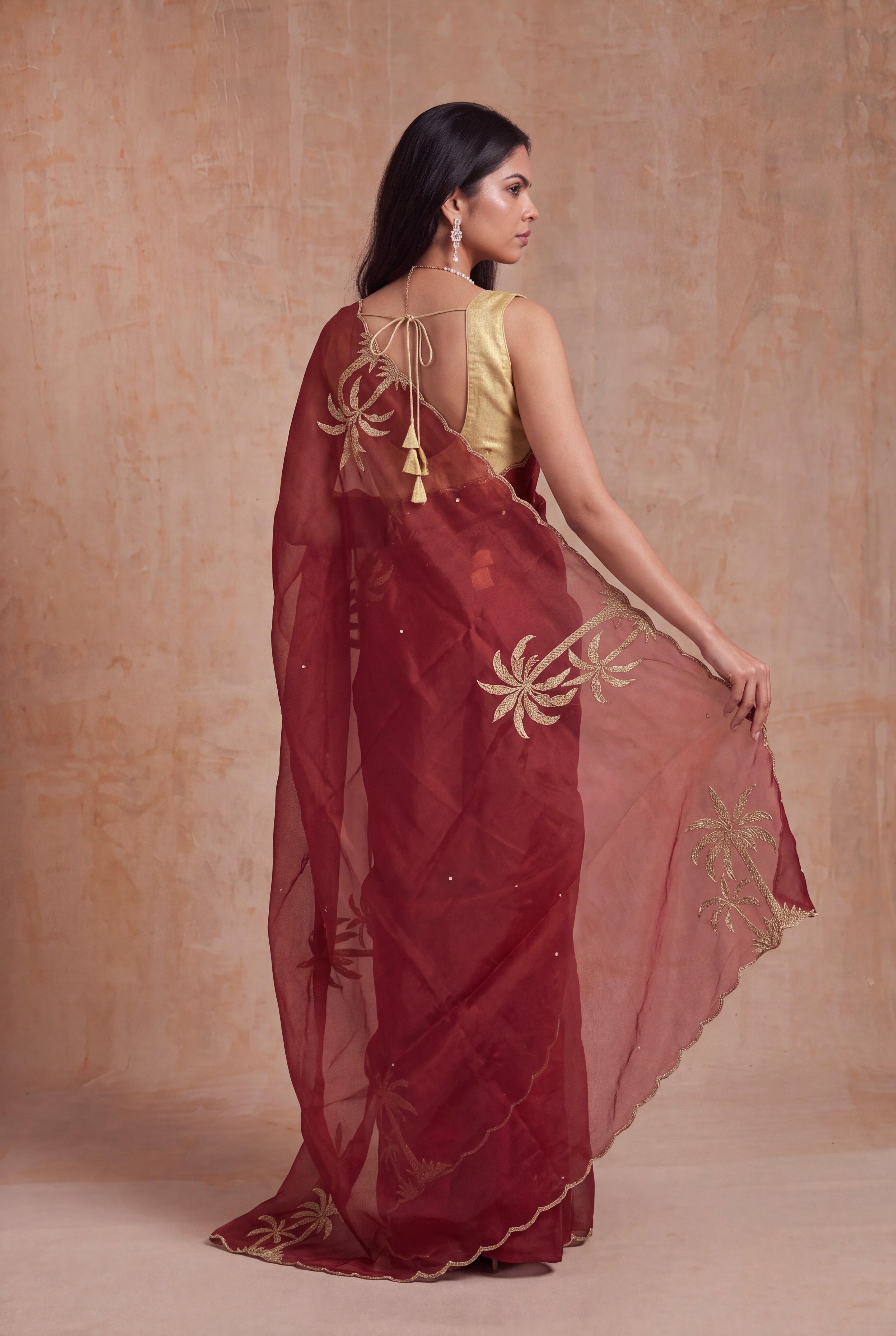 Dusty Rose Organza Saree with Gold Sequin Embroidery