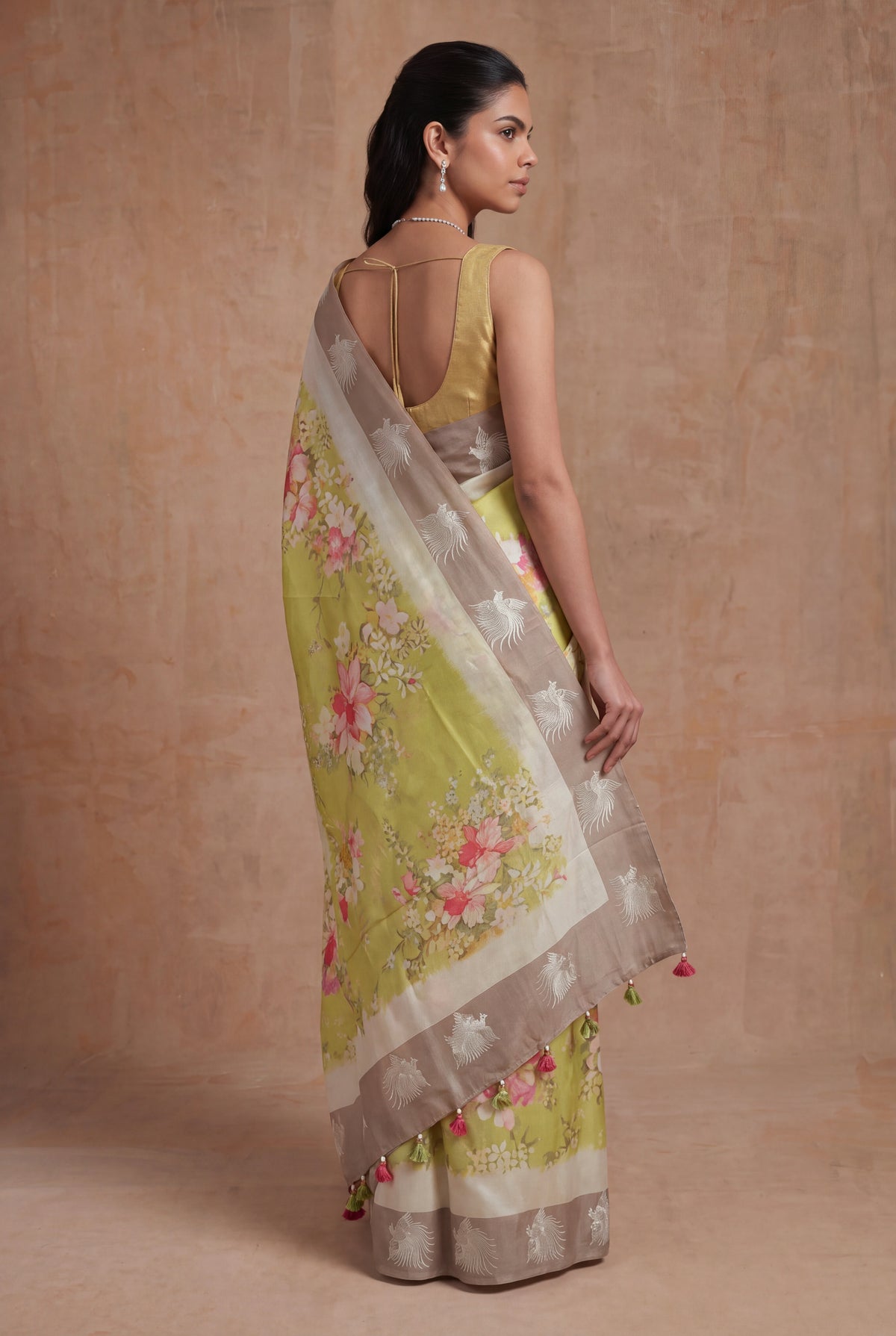 Lime Green Tussar Silk Saree