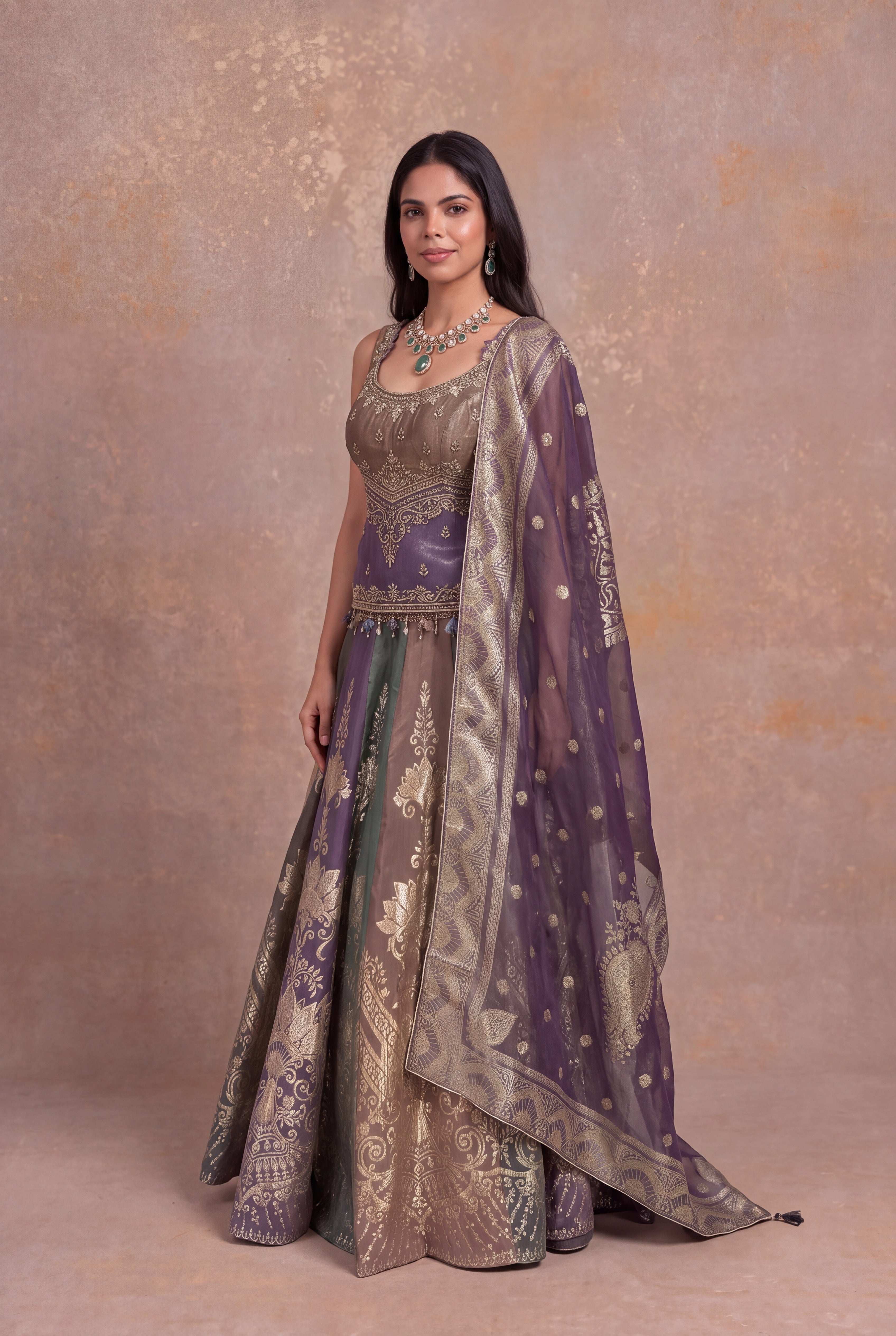 Multicolor Banarasi Tissue Lehenga with Zardosi & Pearl Work