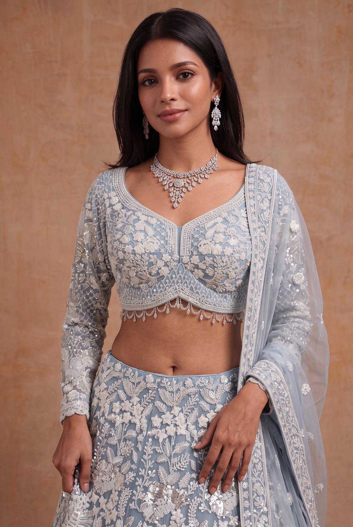 Sky Blue Net Lehenga with White Sequin and Pearl Work