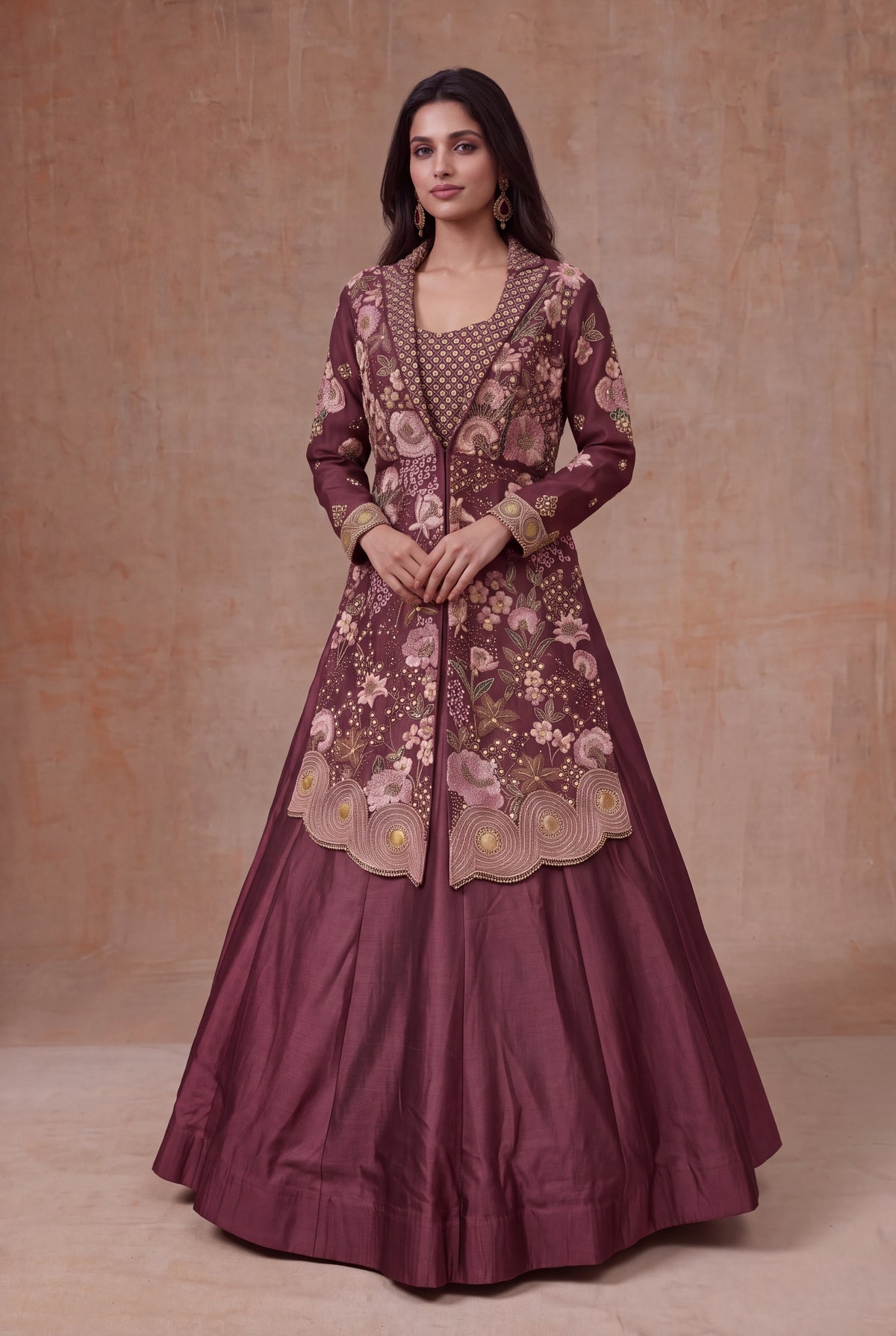 Wine Mauve Raw Silk Jacket Lehenga with Floral Embroidery