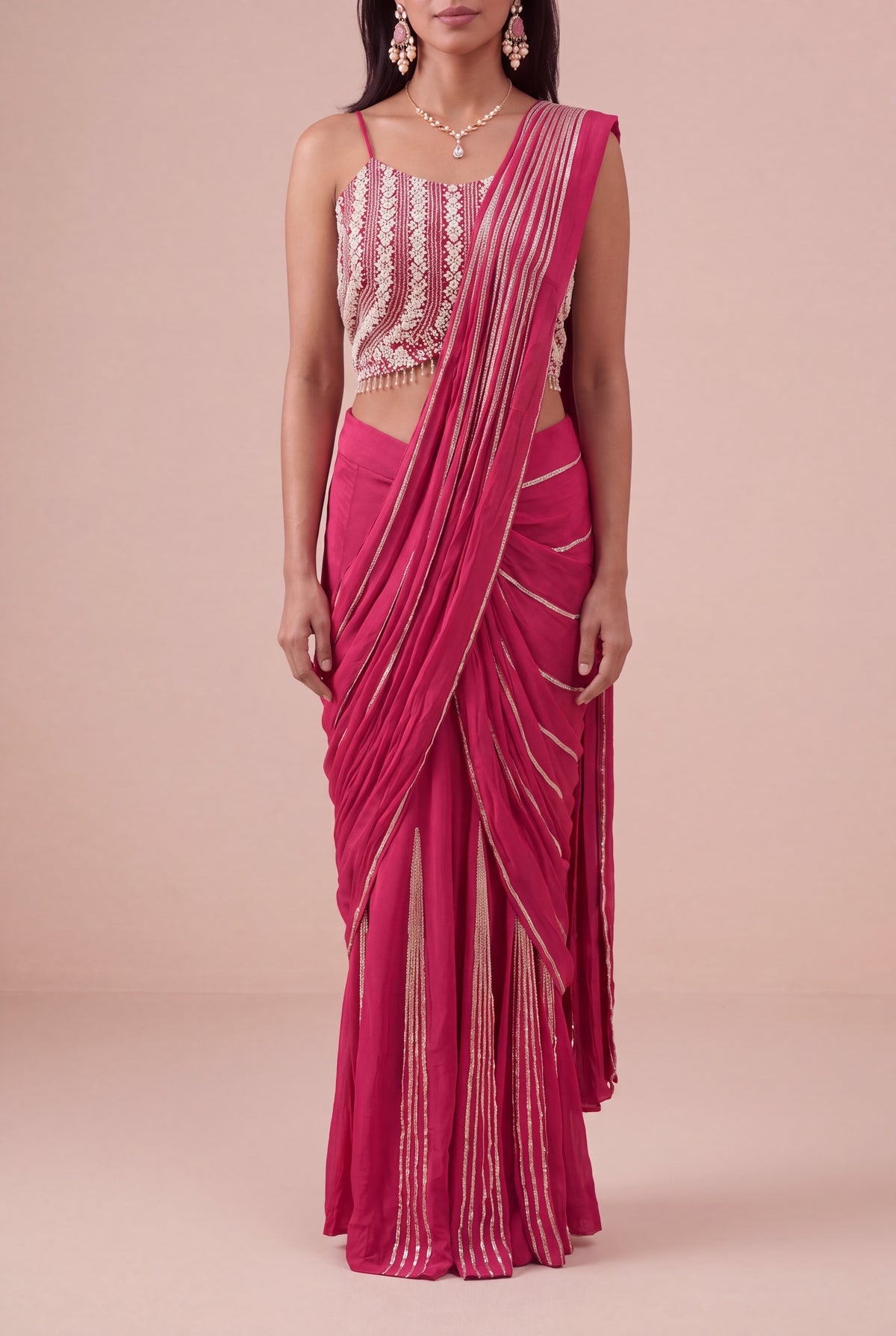 Rani Pink Chinon Crepe Draped Saree