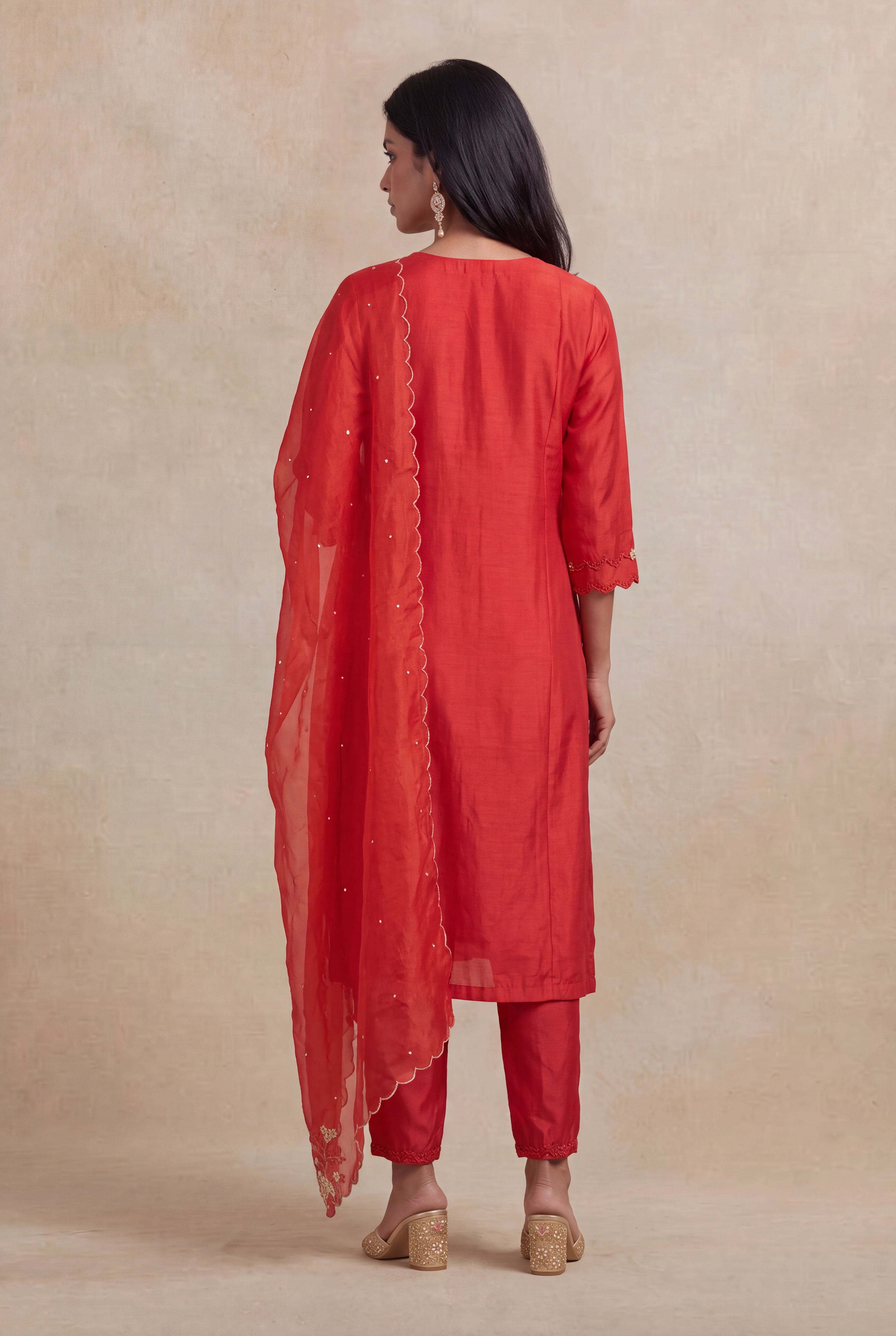 Red Chanderi Silk Embroidered Straight-Cut Salwar Set